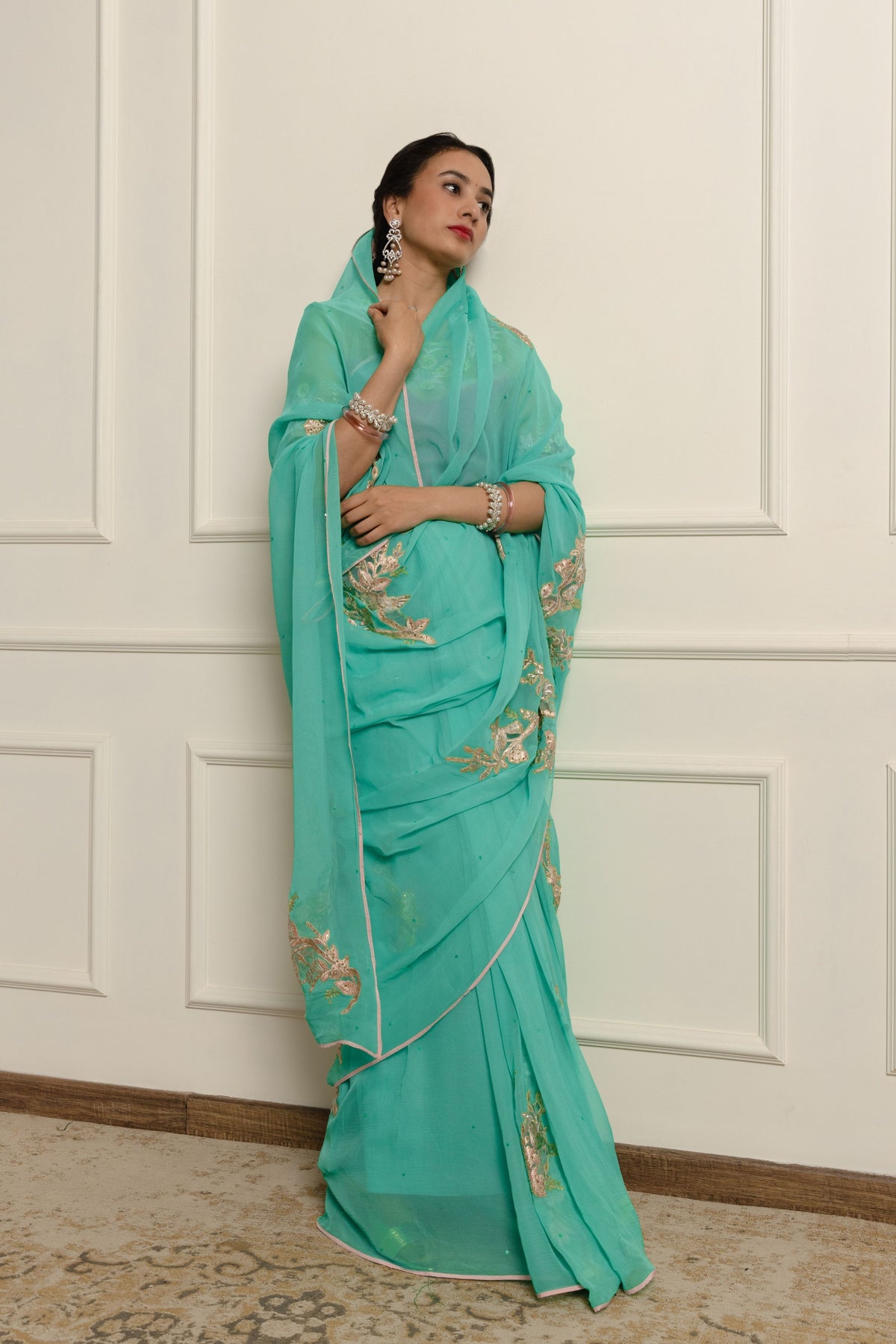 Azuria Teal Chiffon Saree