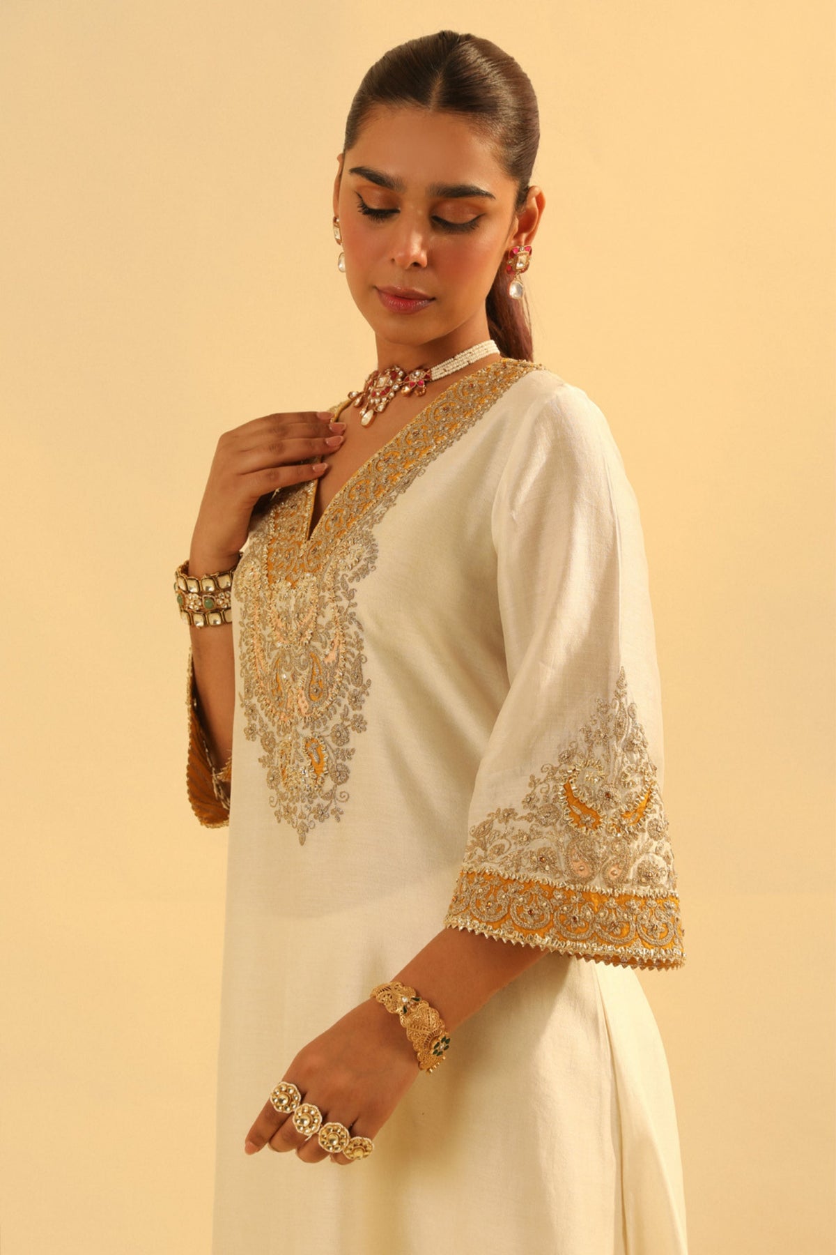 Shazana Ivory Long A-line Choga With Salwar