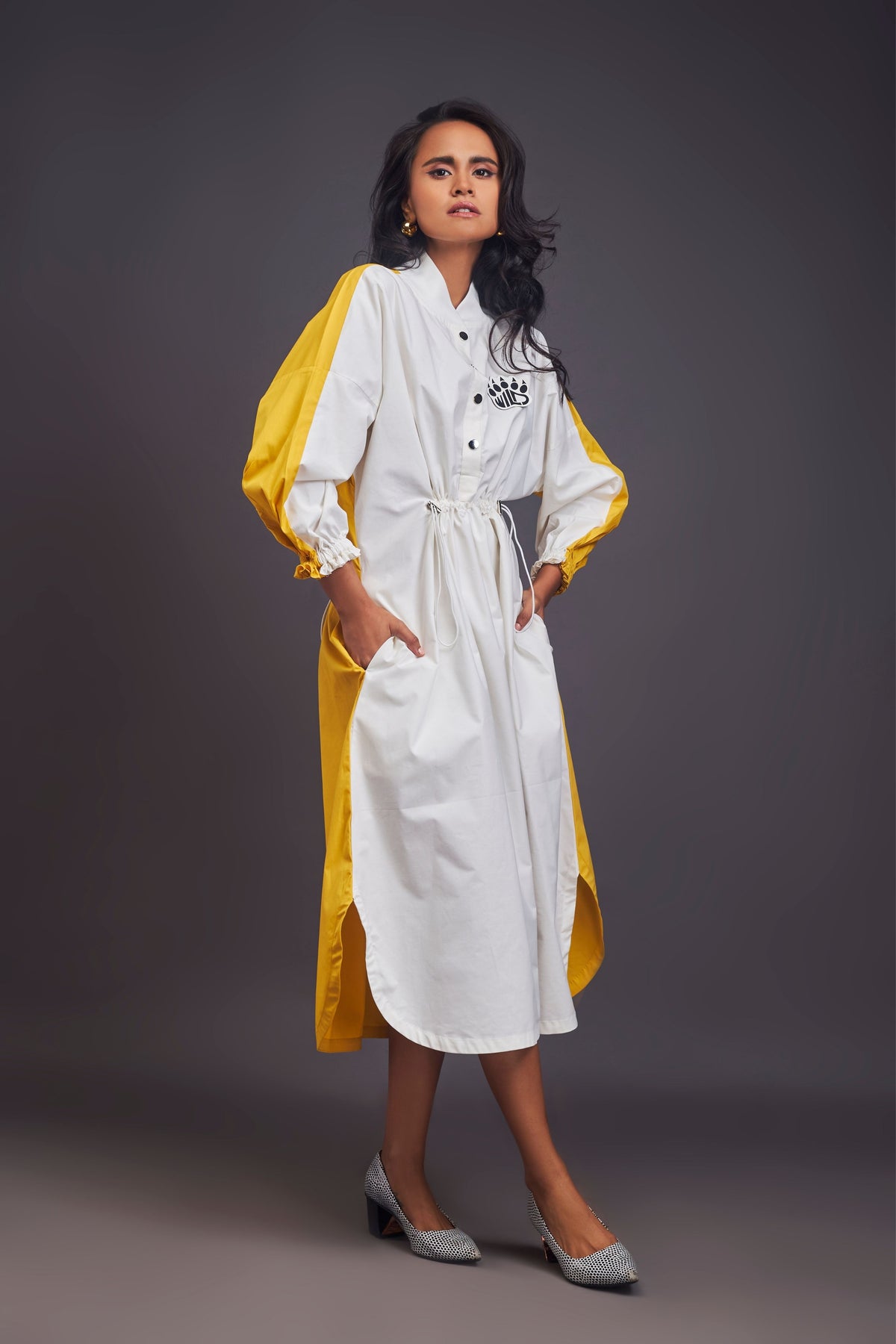 Oversized Ruched White and Yellow Dress