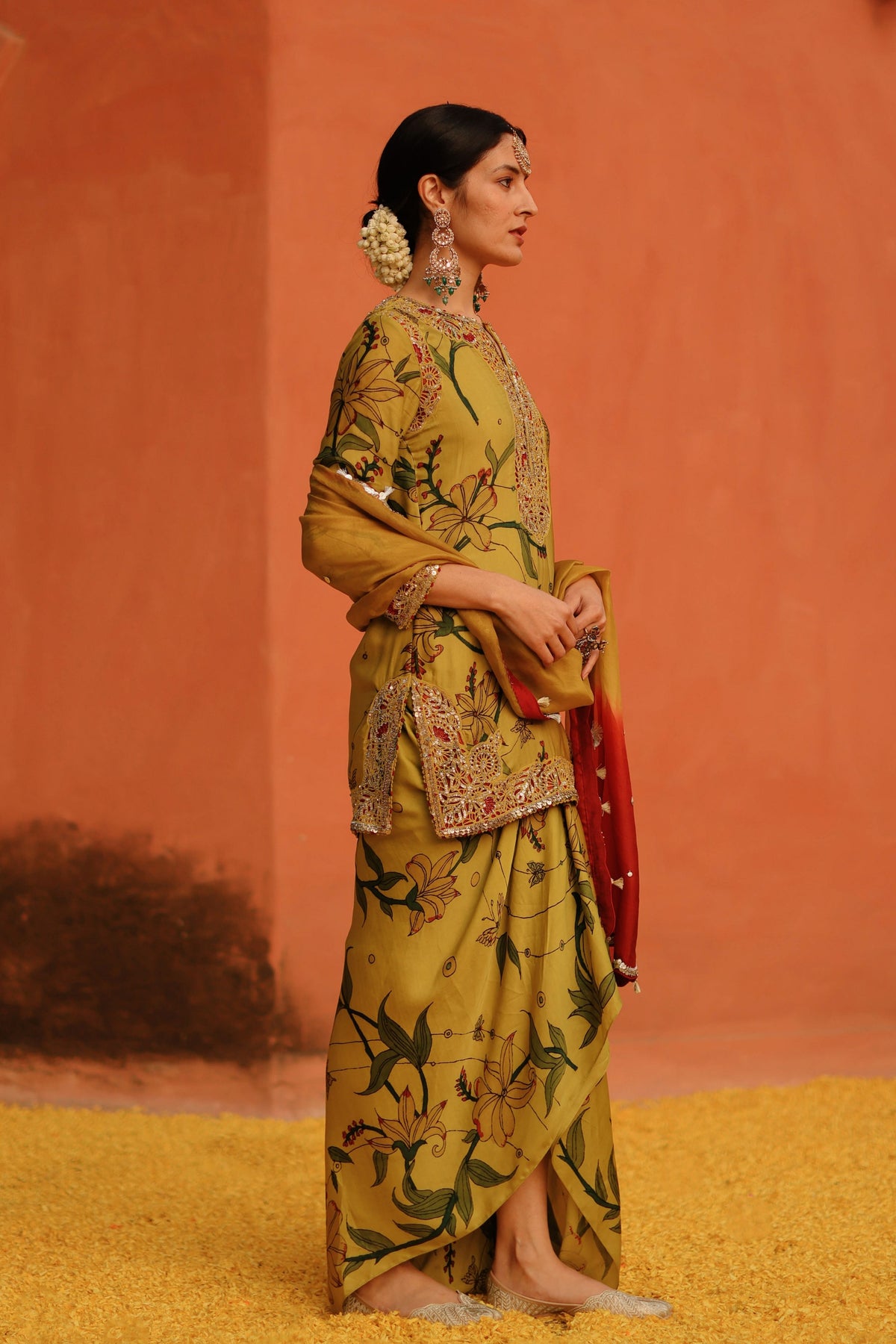 Mustard Petal Kurta With Skirt