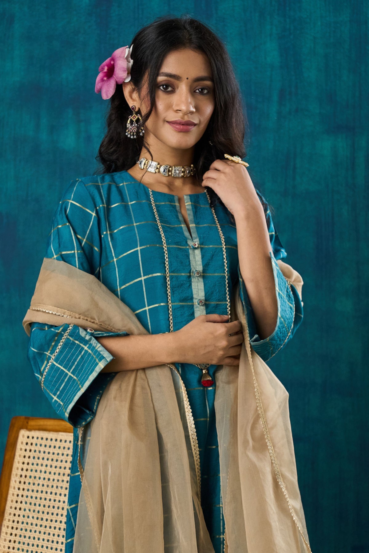 Turquoise Checks Kurta Sets