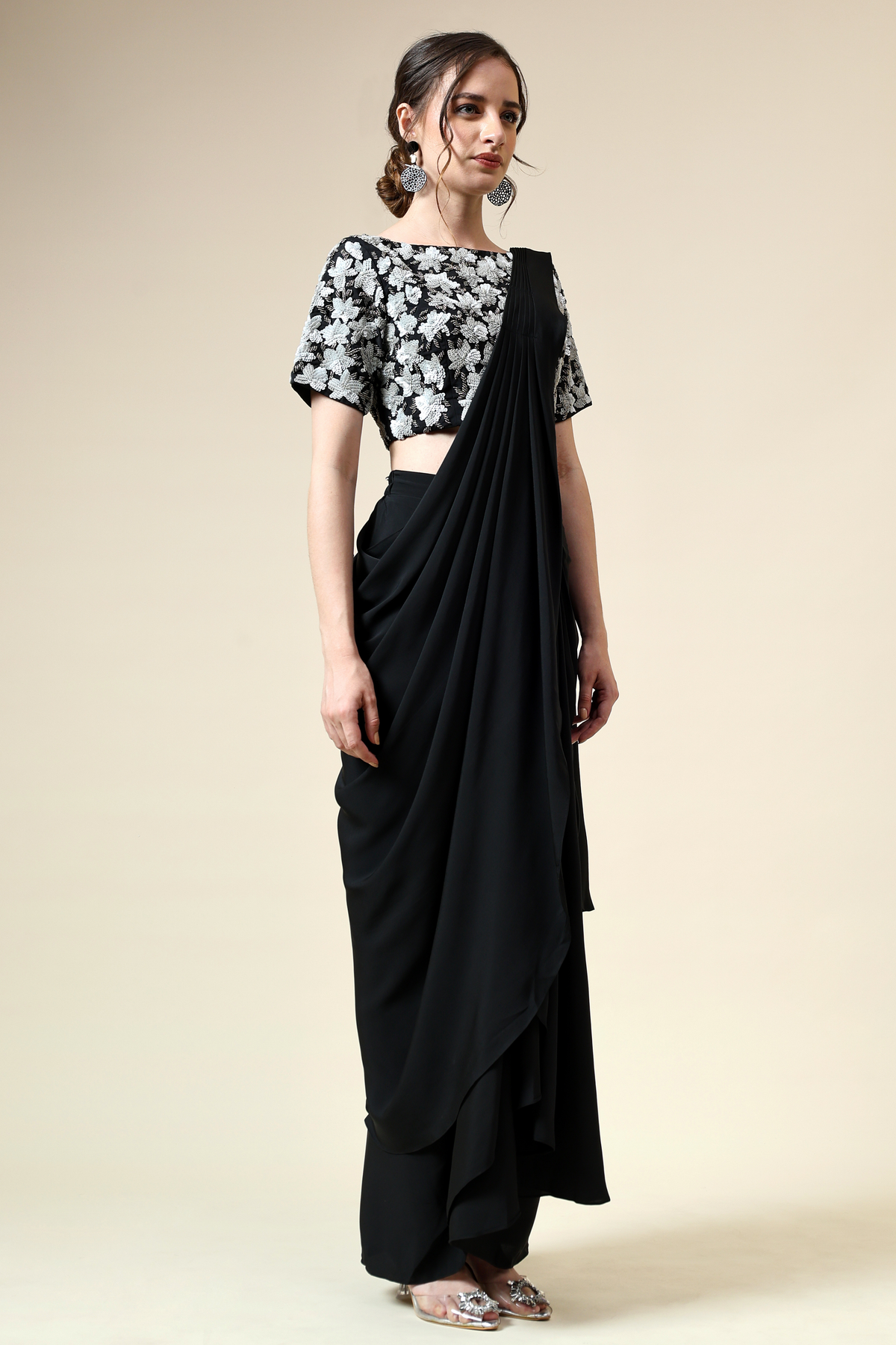 Tropical Embellished Blouse With Pre- Draped Sari