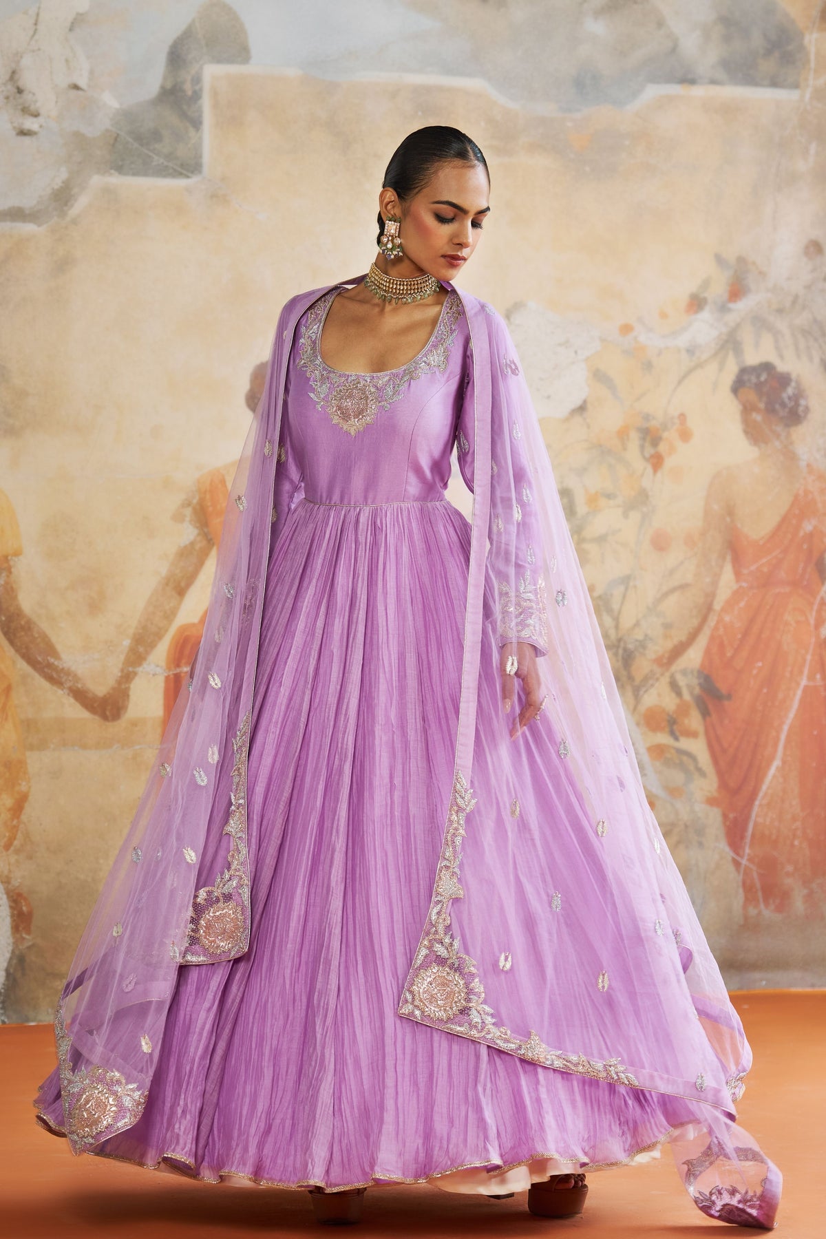 Lavender Chanderi Anarkali Set