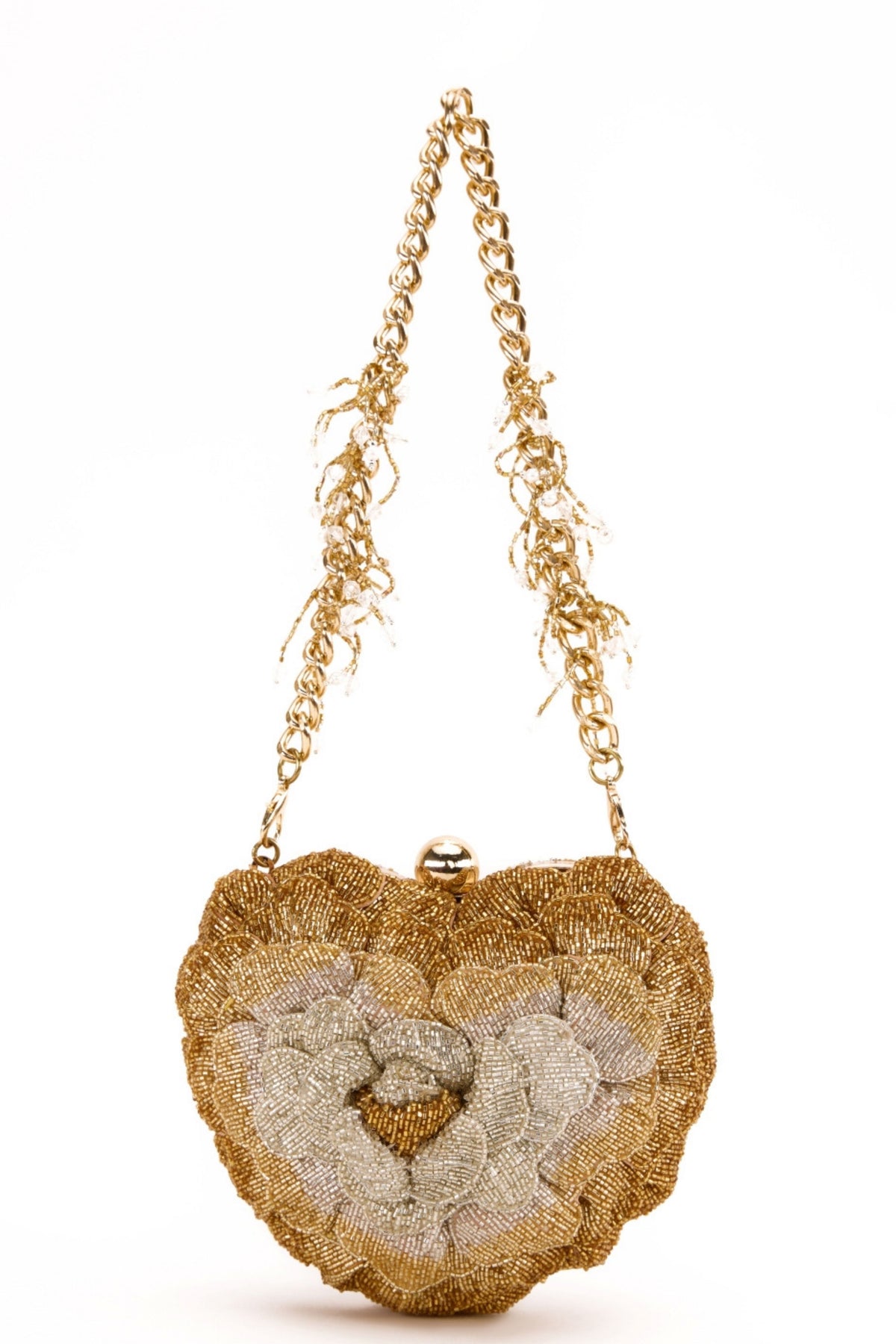 Isa Beaded Heart Clutch – Gold Silver