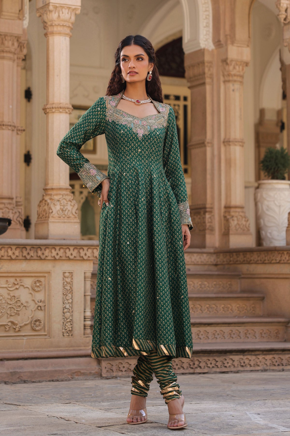 Printed Emerald Green Anarkali Set