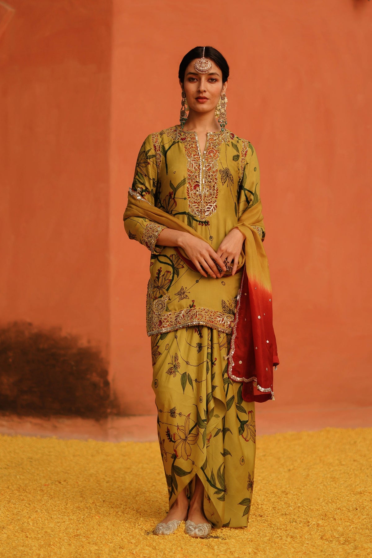 Mustard Petal Kurta With Skirt