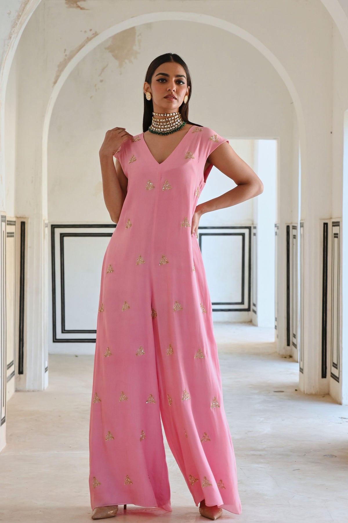 Baby Pink Embroidered Jumpsuit