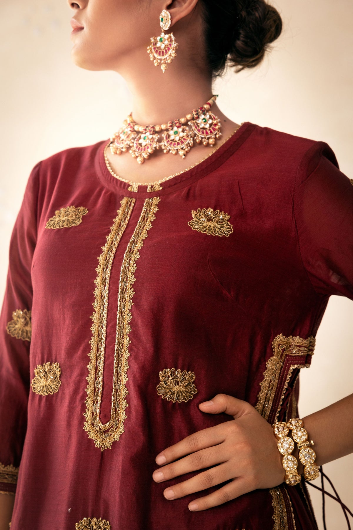 Maroon Chanderi Lucknowi Style Kurta