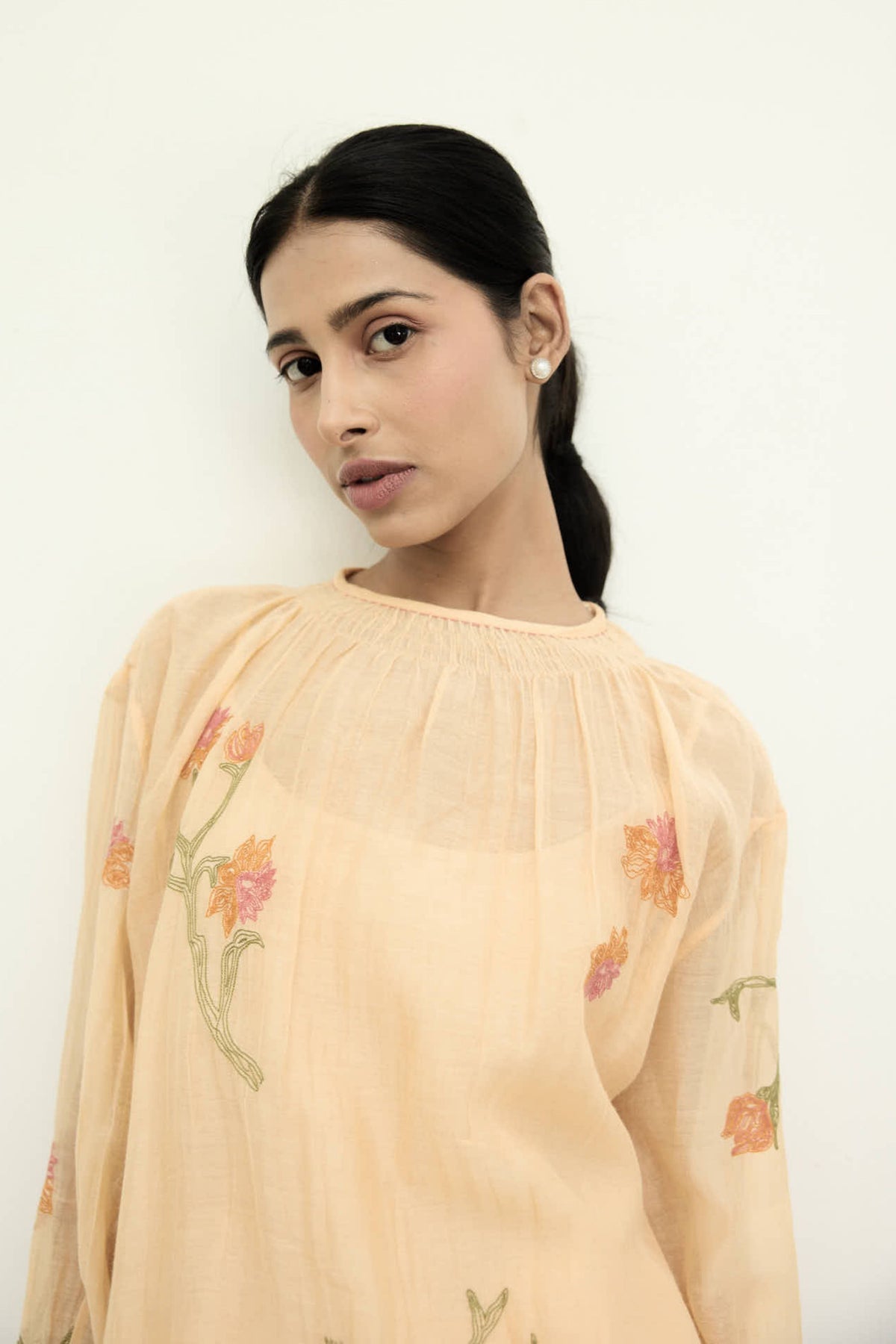 Embroidered Peach Chanderi Tunic