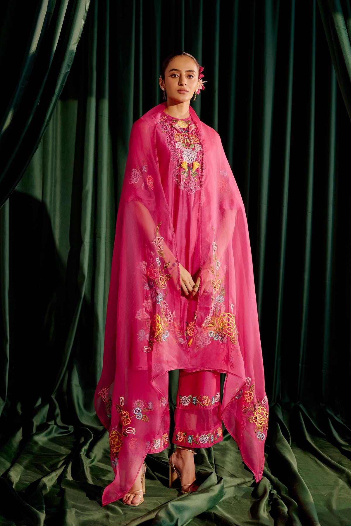 Fuchsia Floral Cutwork Dupatta