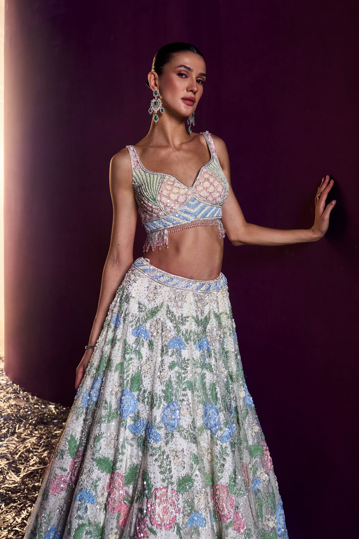 Ivory Net Floral Lehenga Set