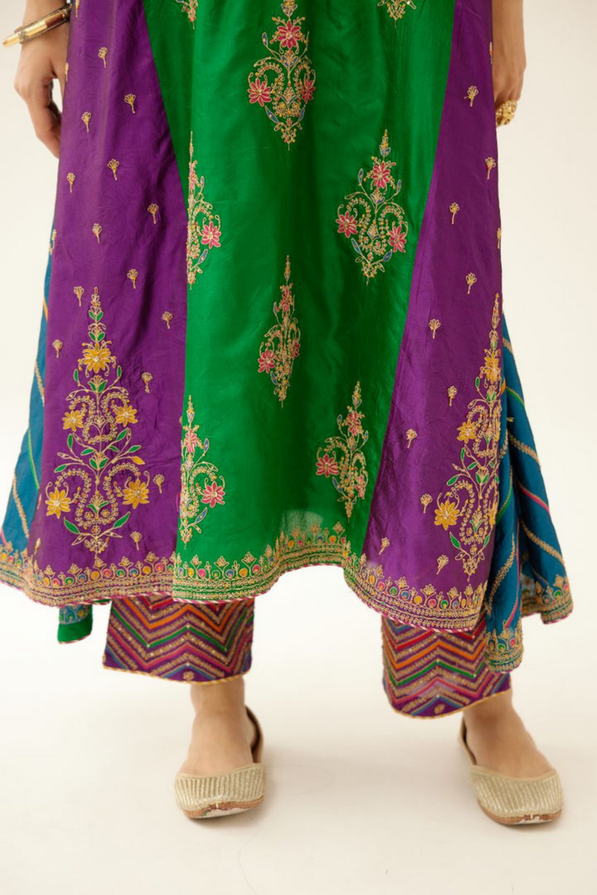 Multi Colored Panelled  Silk Kurta Set