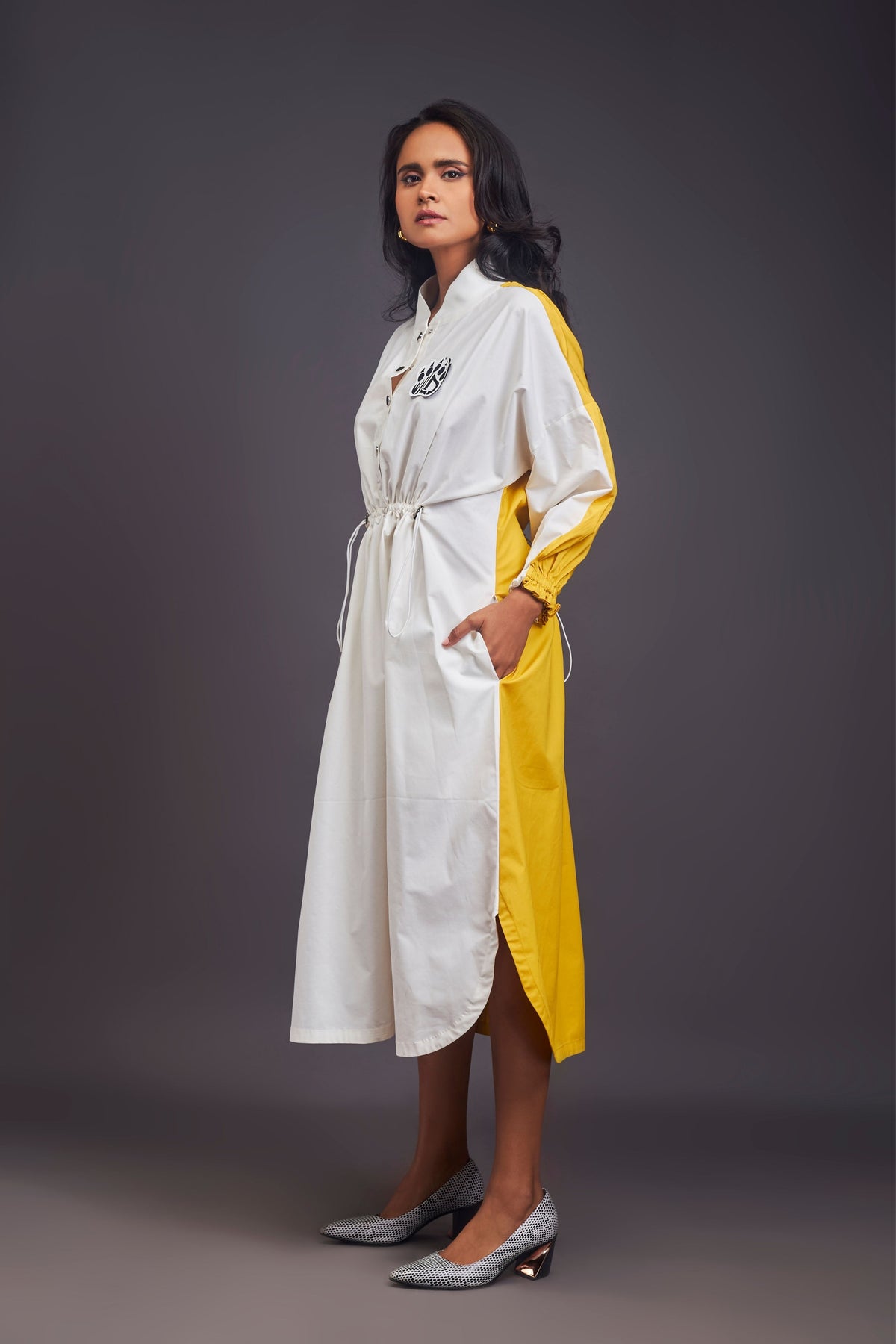 Oversized Ruched White and Yellow Dress