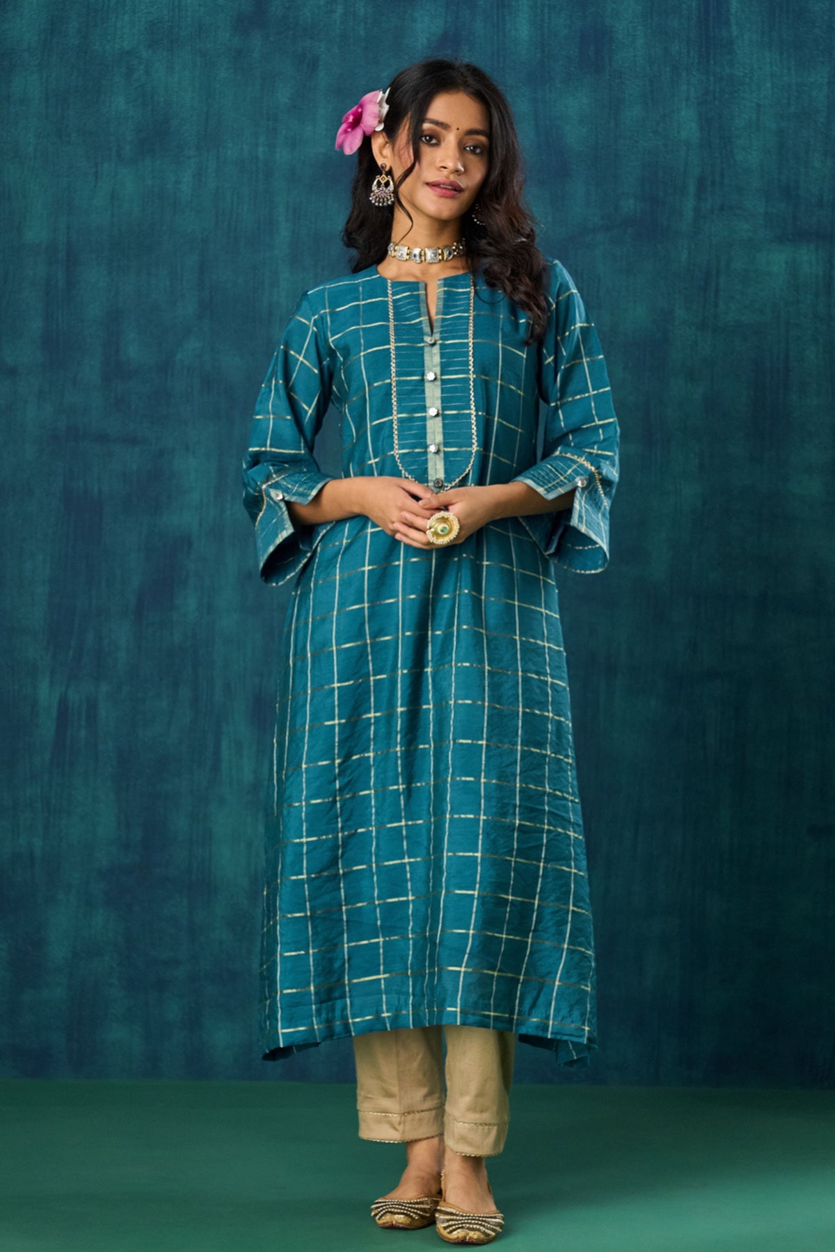 Turquoise Checks Kurta Sets