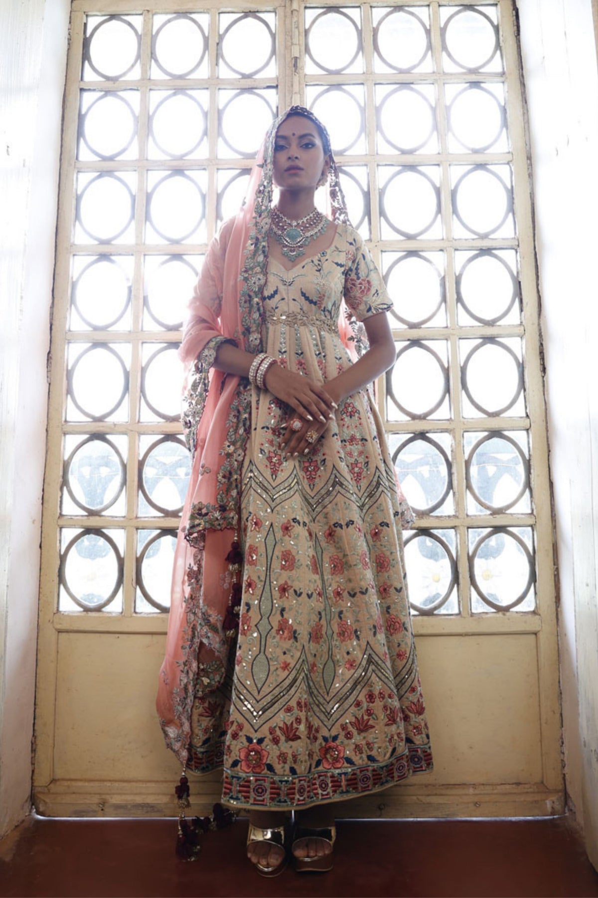 Beige Kalidaar with Sage Churidar and Dupatta