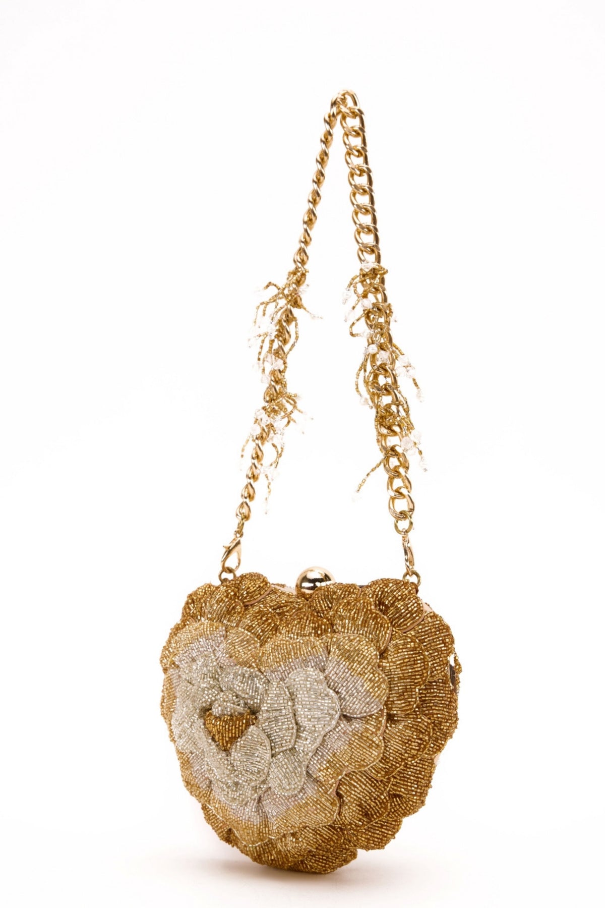 Isa Beaded Heart Clutch – Gold Silver