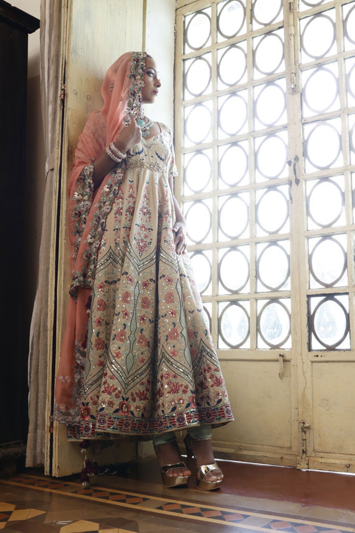 Beige Kalidaar with Sage Churidar and Dupatta