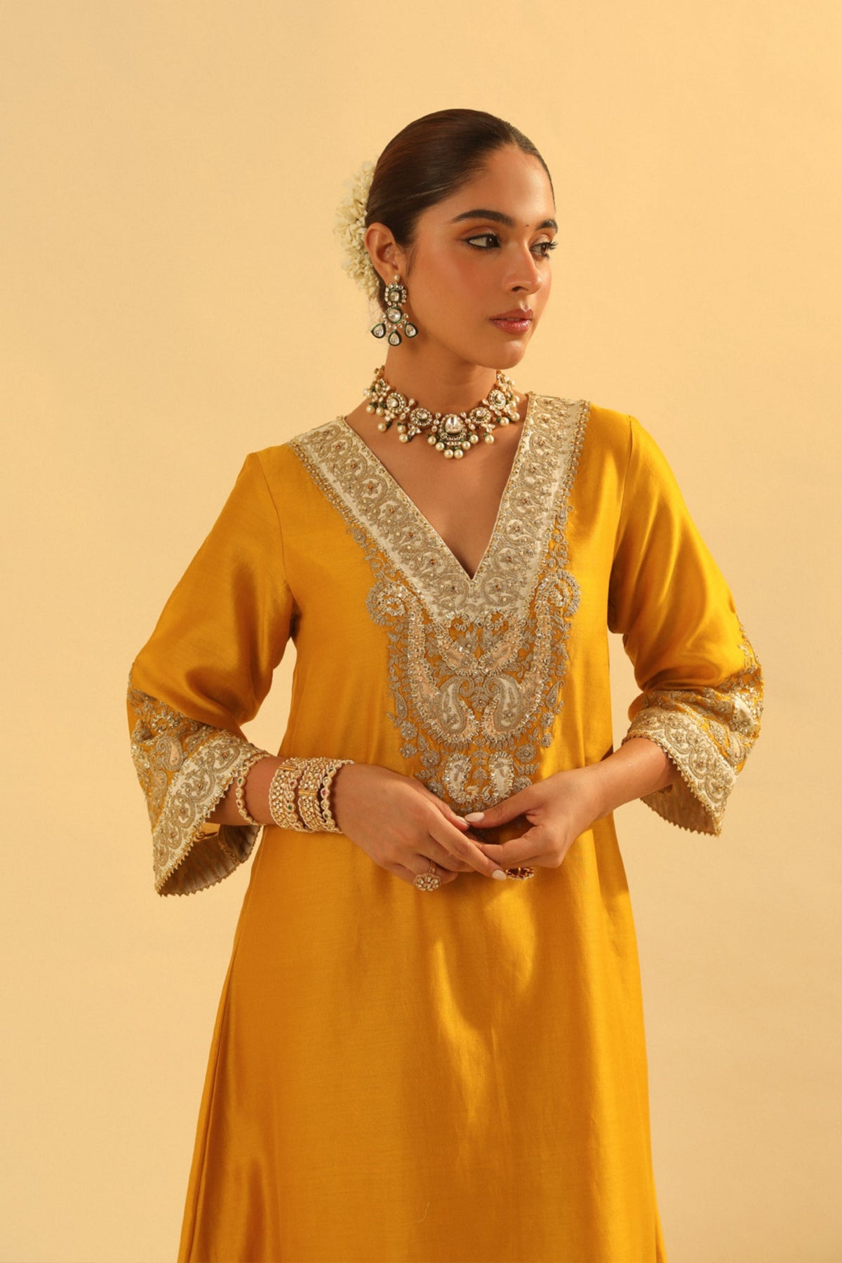 Shazana Mustard Long A-line Choga With Salwar