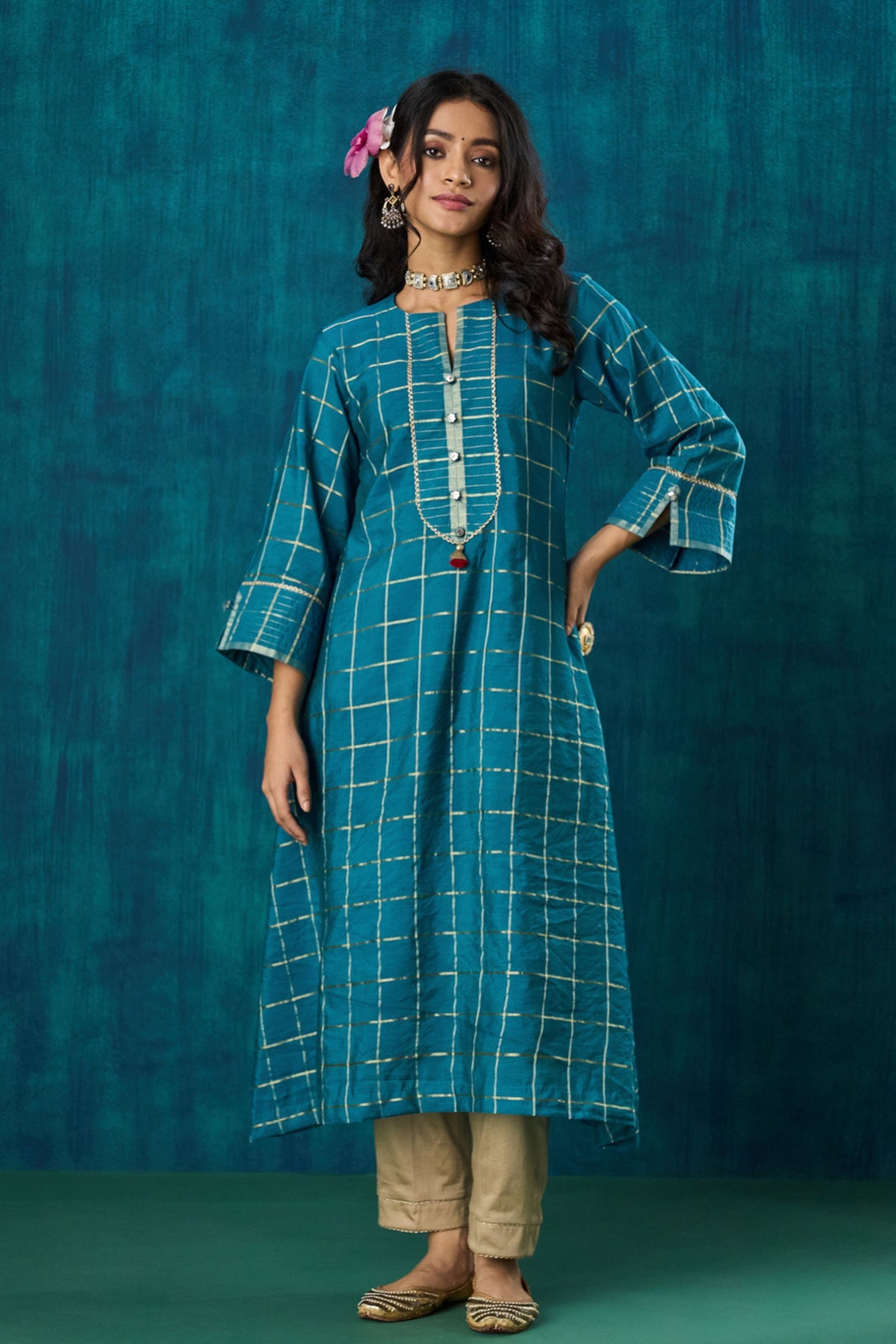 Turquoise Checks Kurta Sets