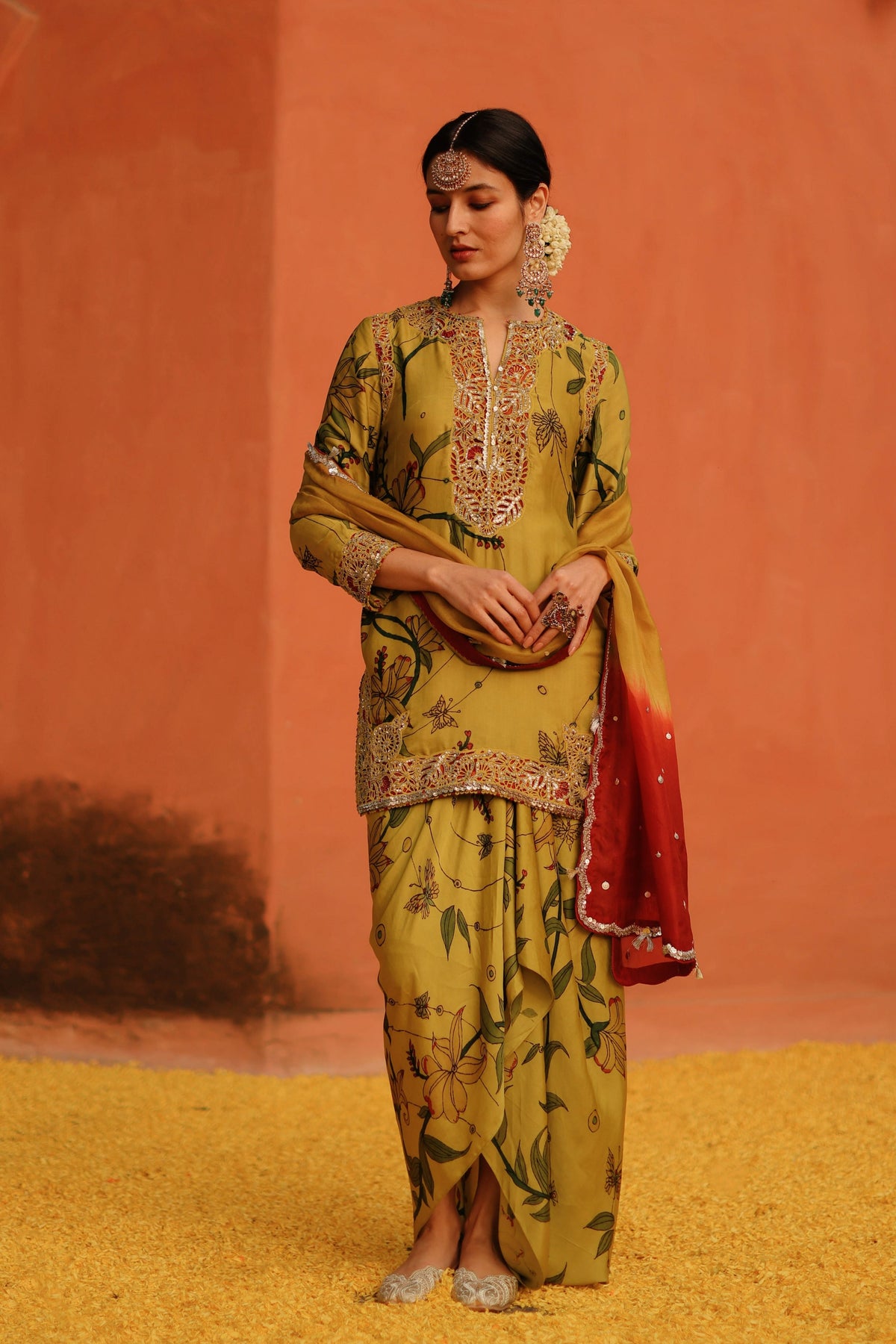 Mustard Petal Kurta With Skirt