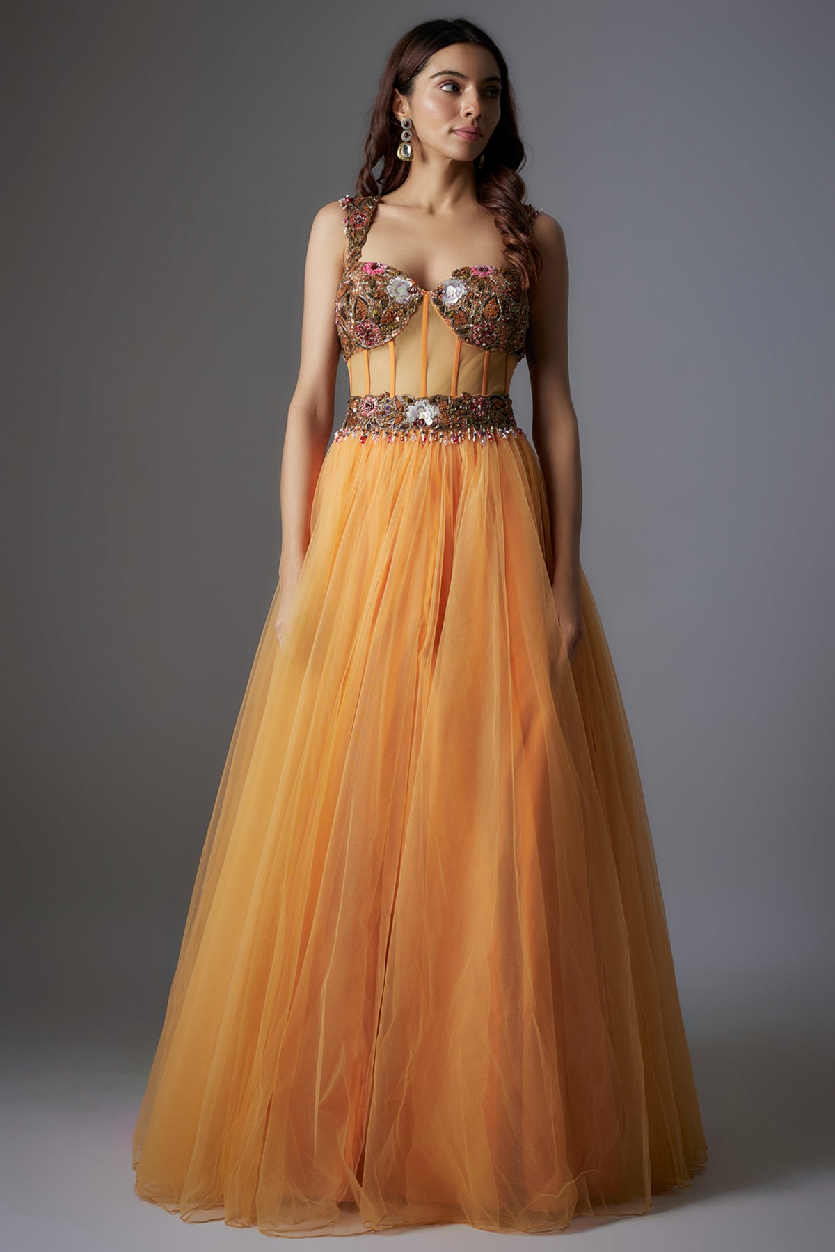 Orange Botanical Printed Corset Gown