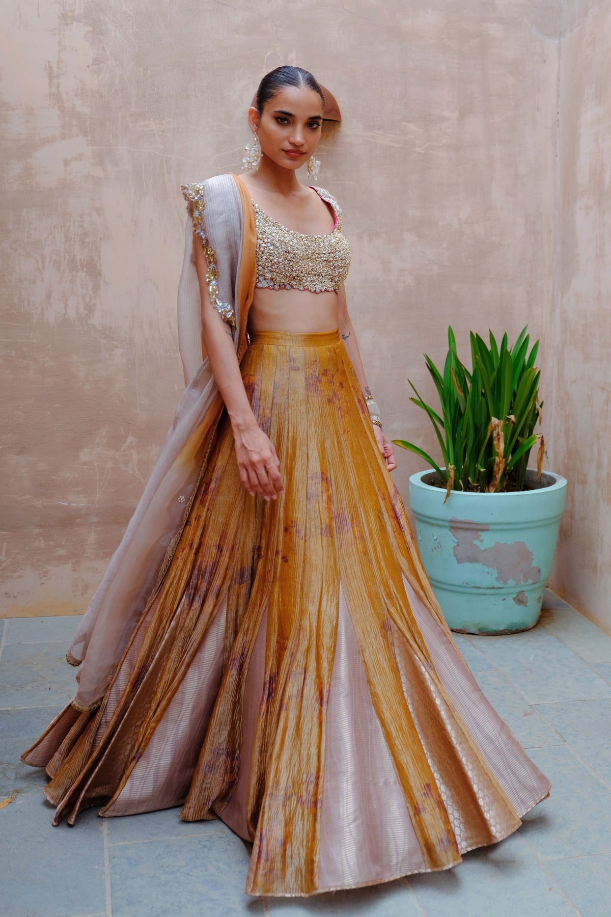 Mustard Silk Tissue Lehenga Set