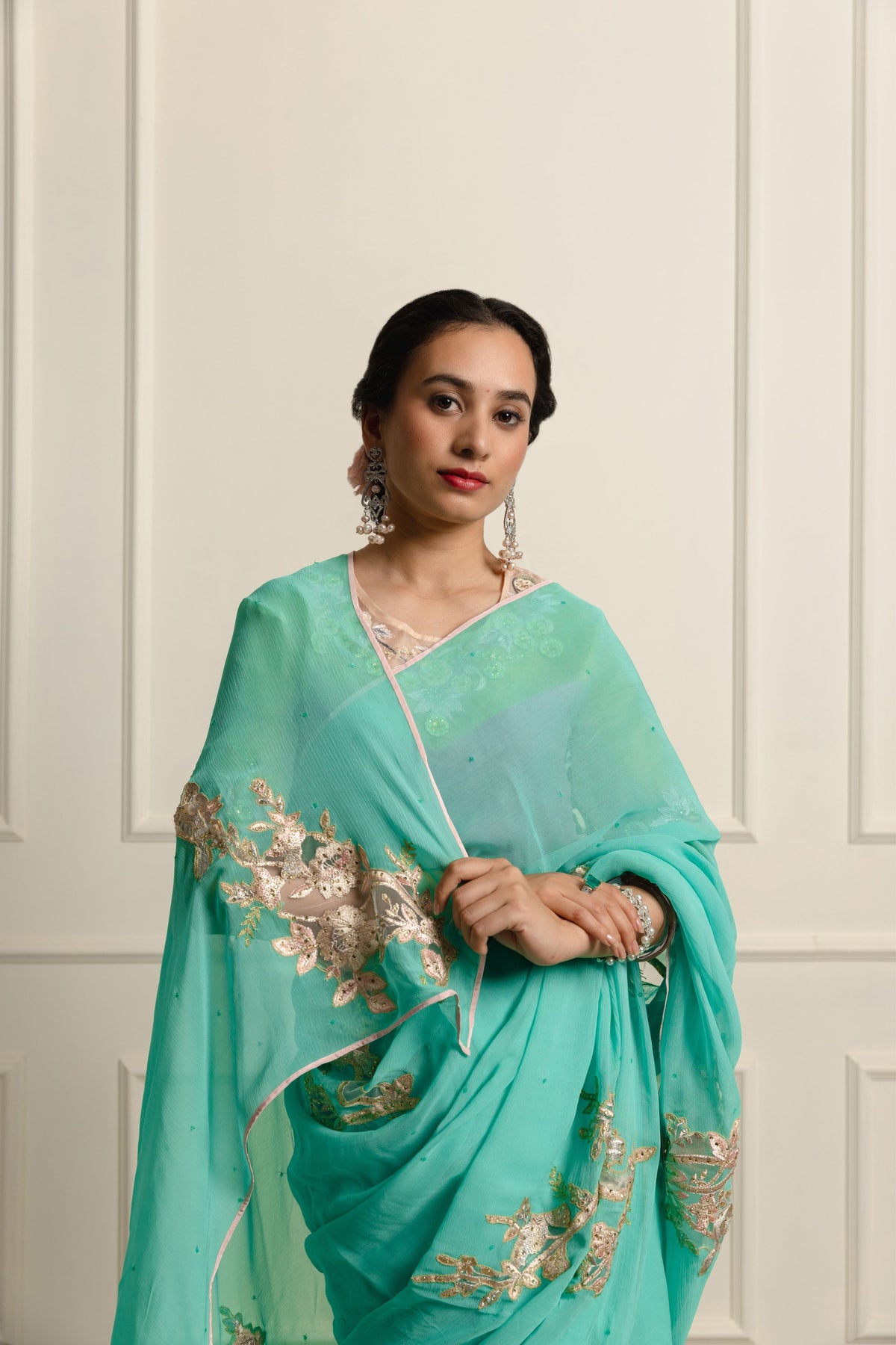 Azuria Teal Chiffon Saree