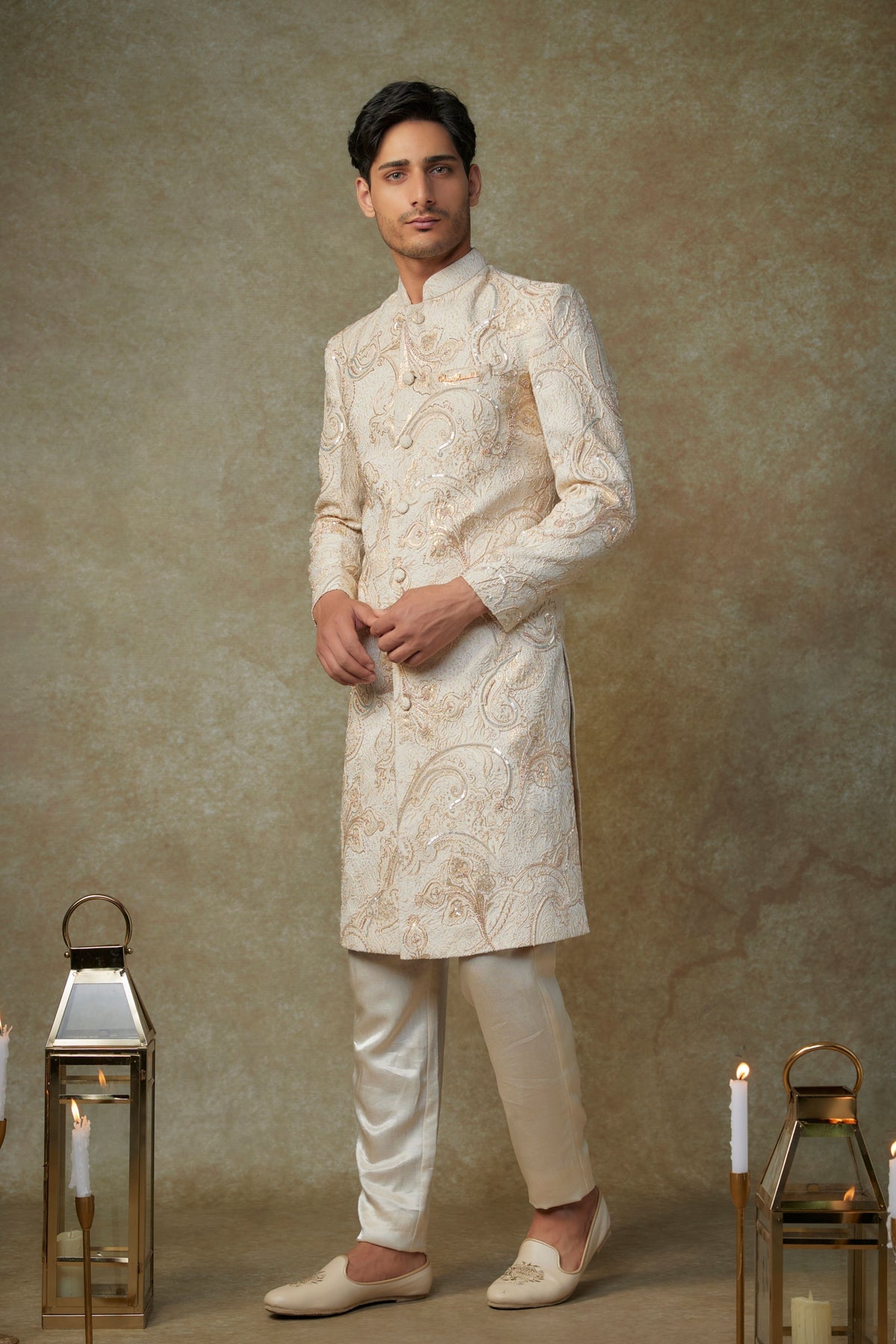 Beige Embroidered Sherwani With Pants