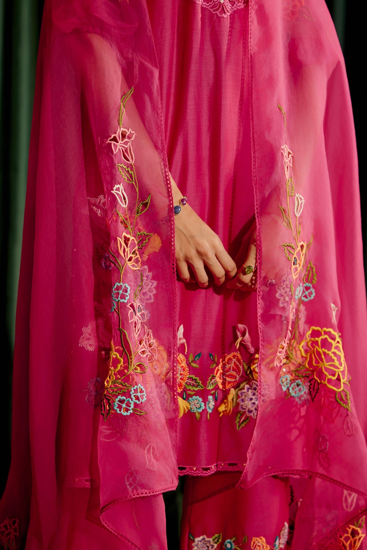 Fuchsia Floral Cutwork Dupatta