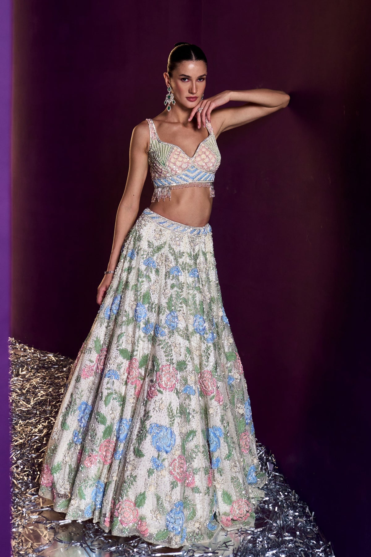 Ivory Net Floral Lehenga Set