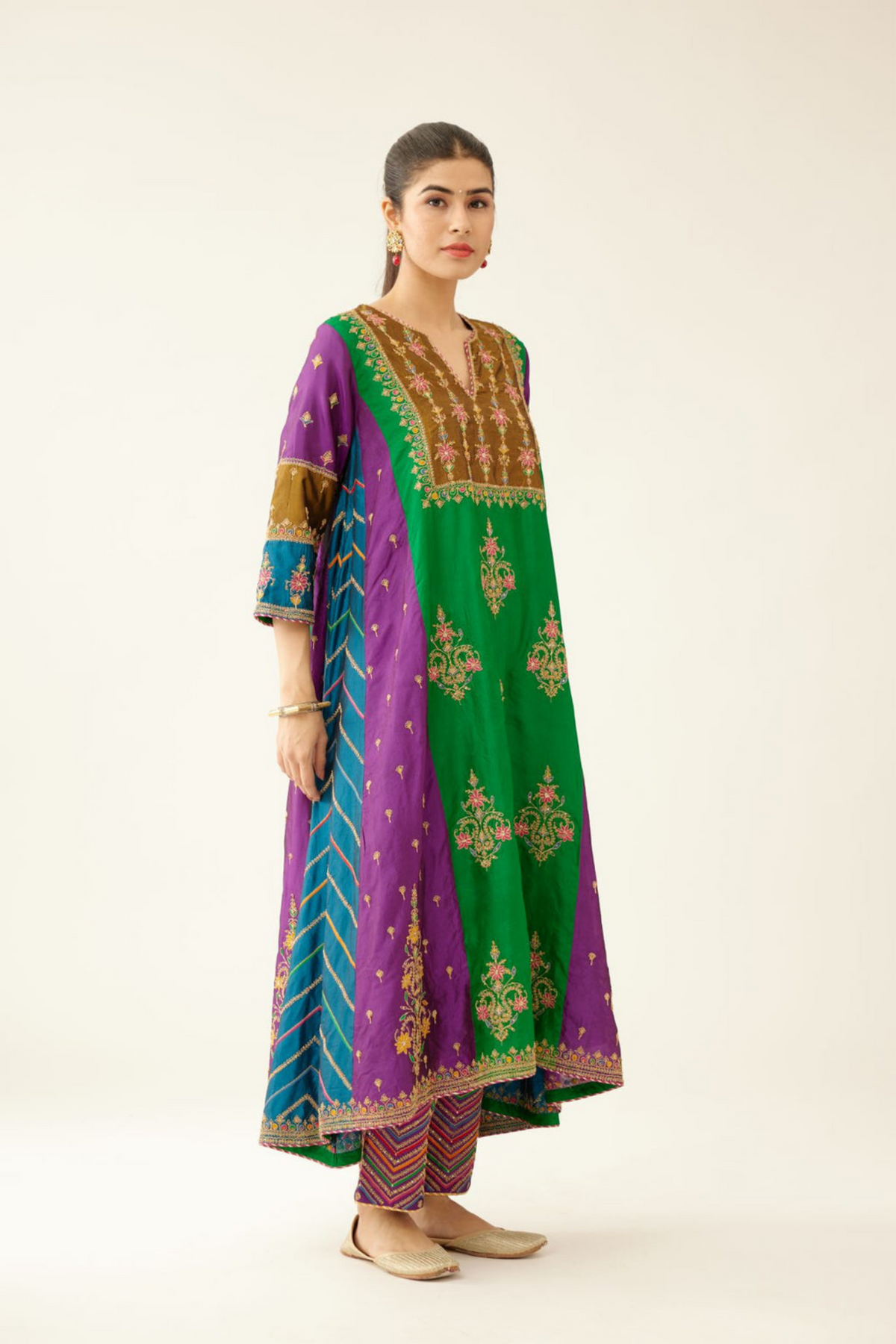 Multi Colored Panelled  Silk Kurta Set