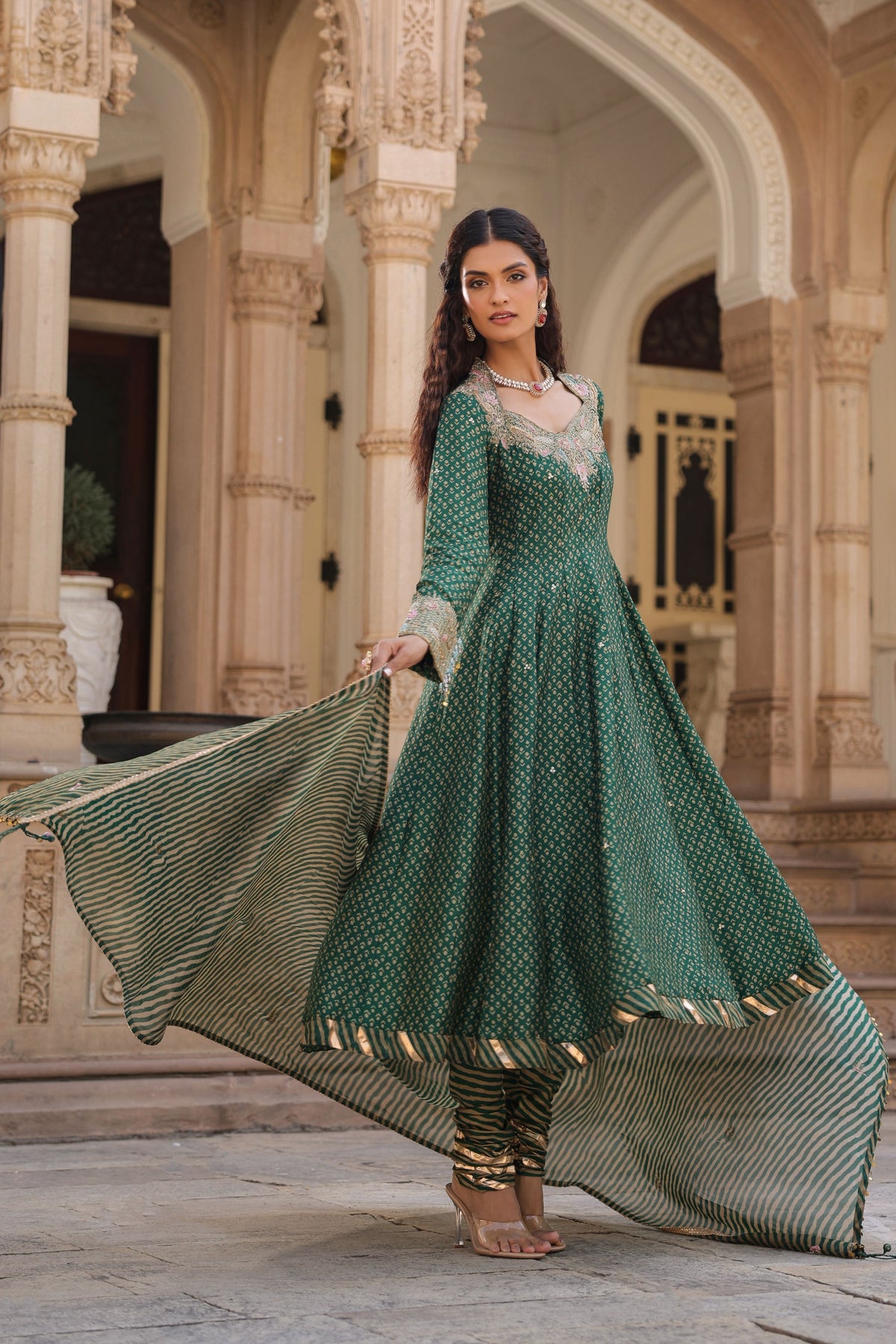 Printed Emerald Green Anarkali Set