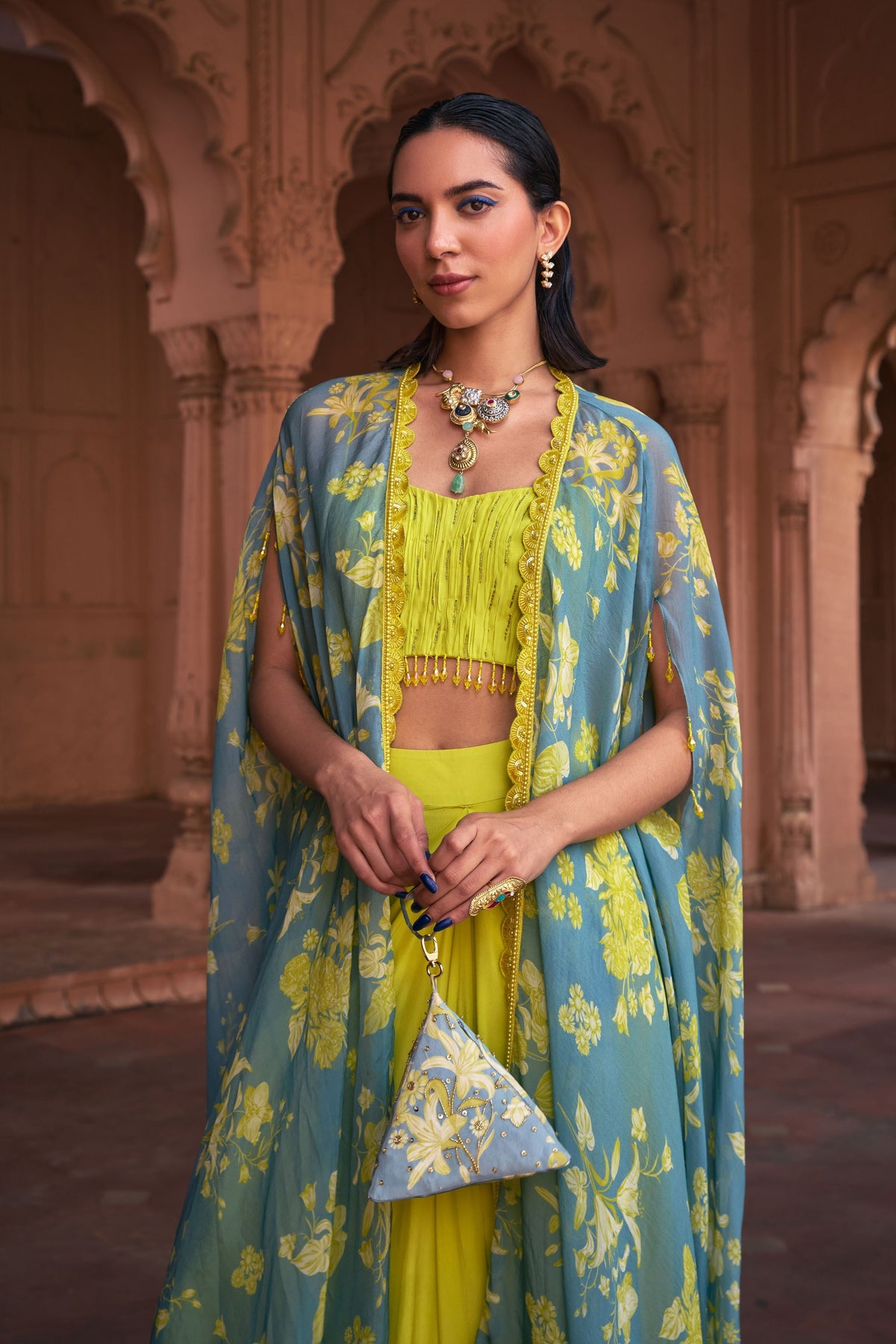 Lime Yellow Embroidered Cape Set