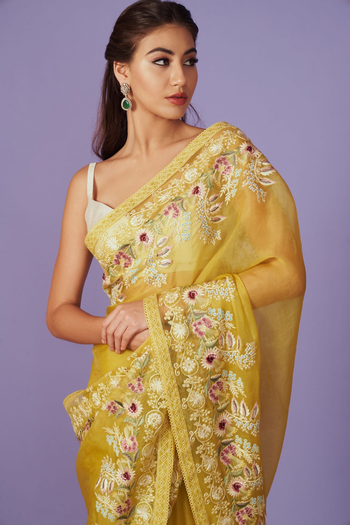 Multi Thread Work Yellow Saree Set