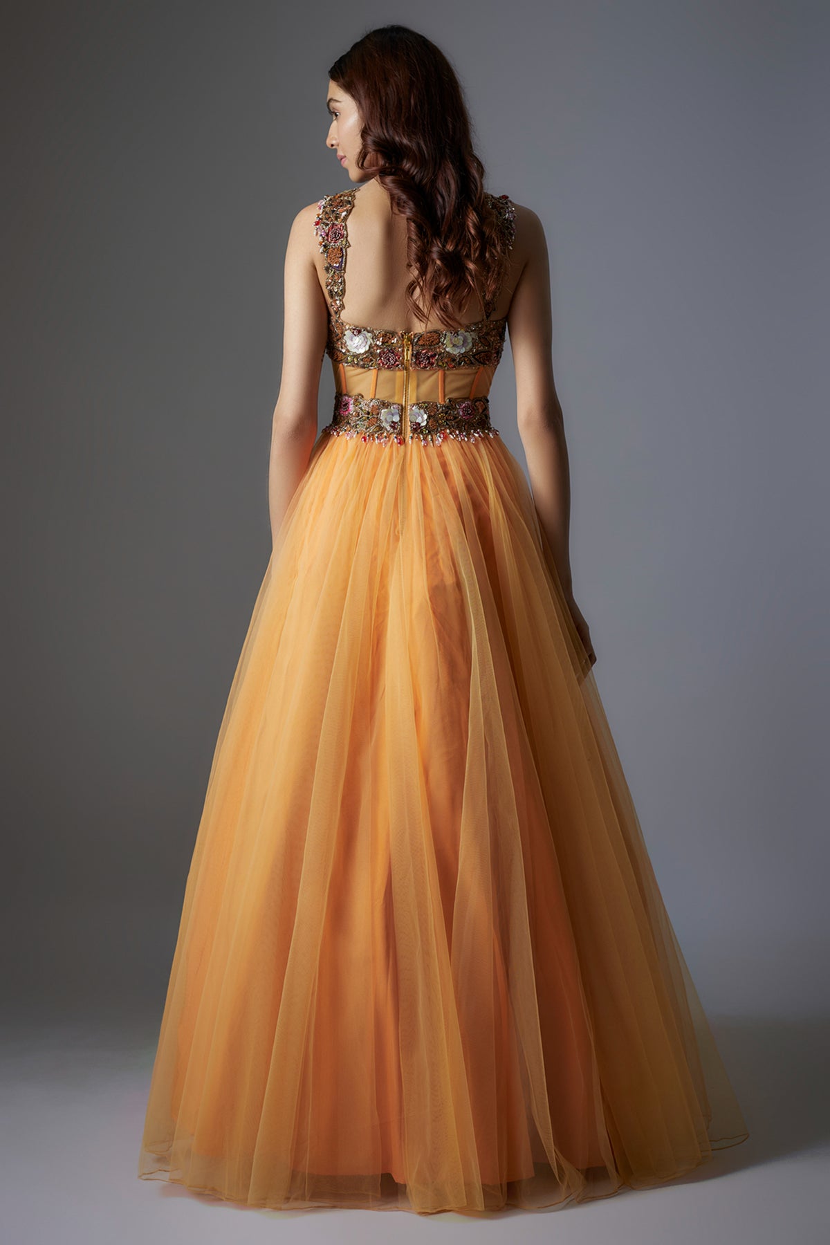 Orange Botanical Printed Corset Gown