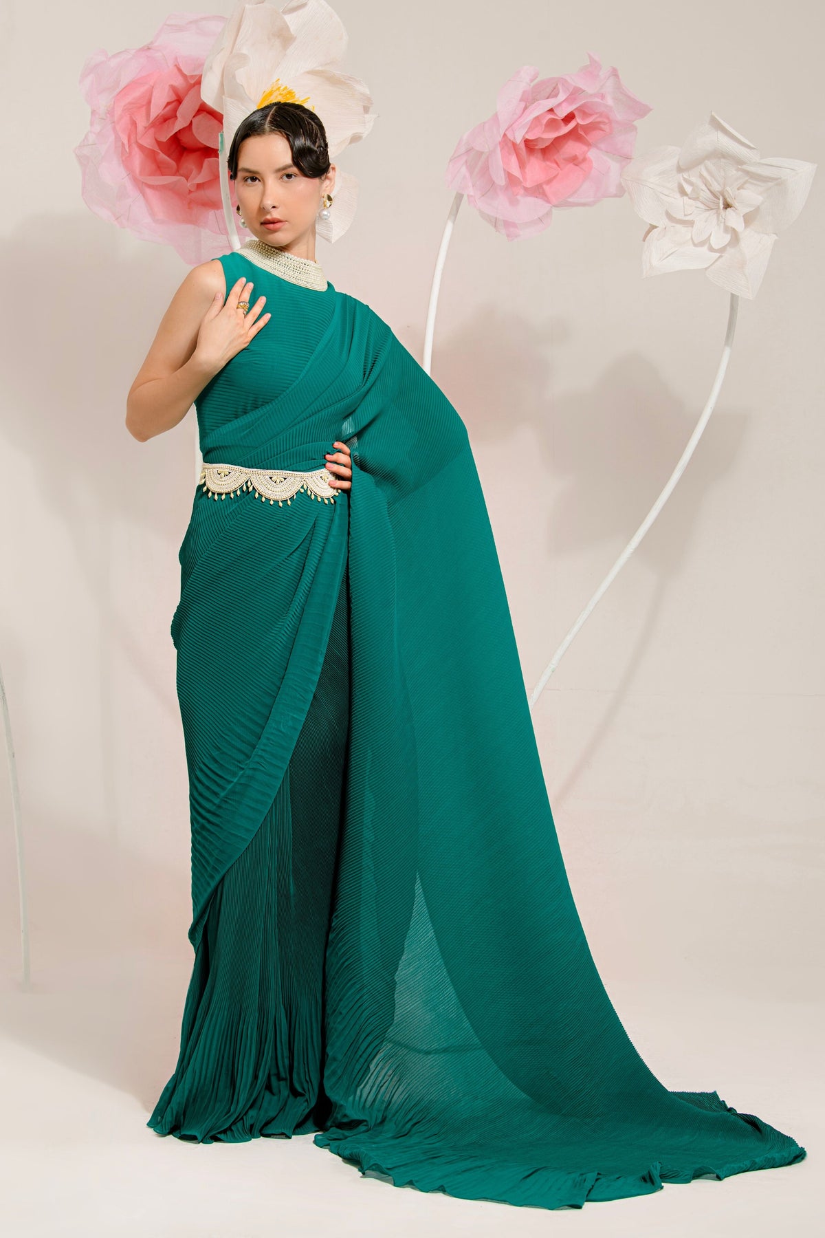 Pre-draped Teal Green Saree