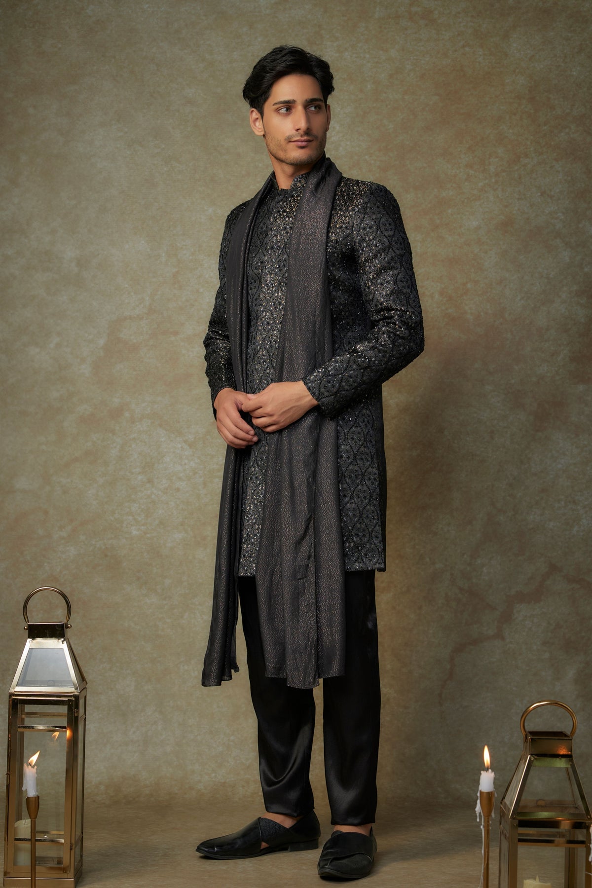 Black Embroidered Sherwani Set