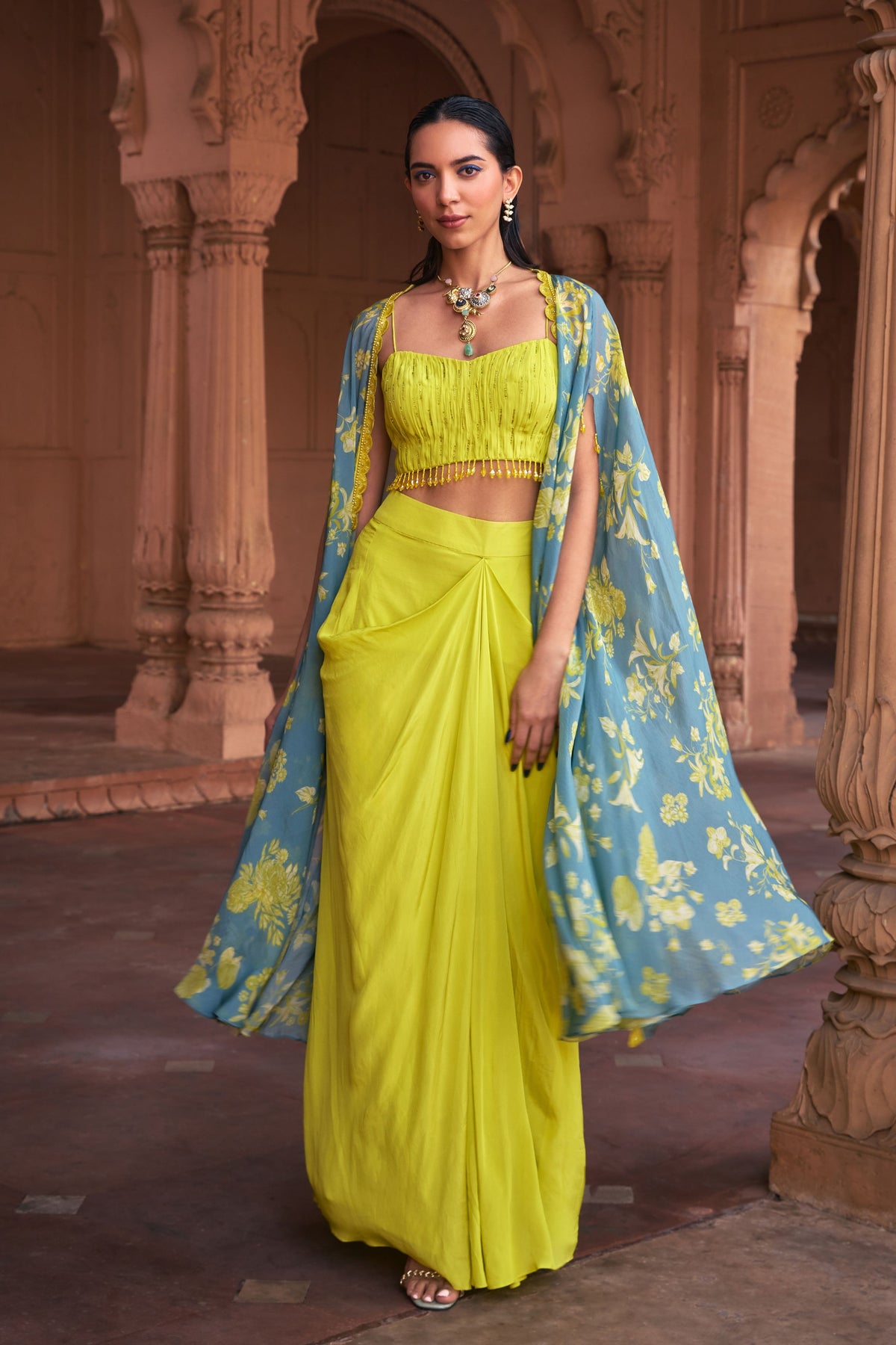 Lime Yellow Embroidered Cape Set