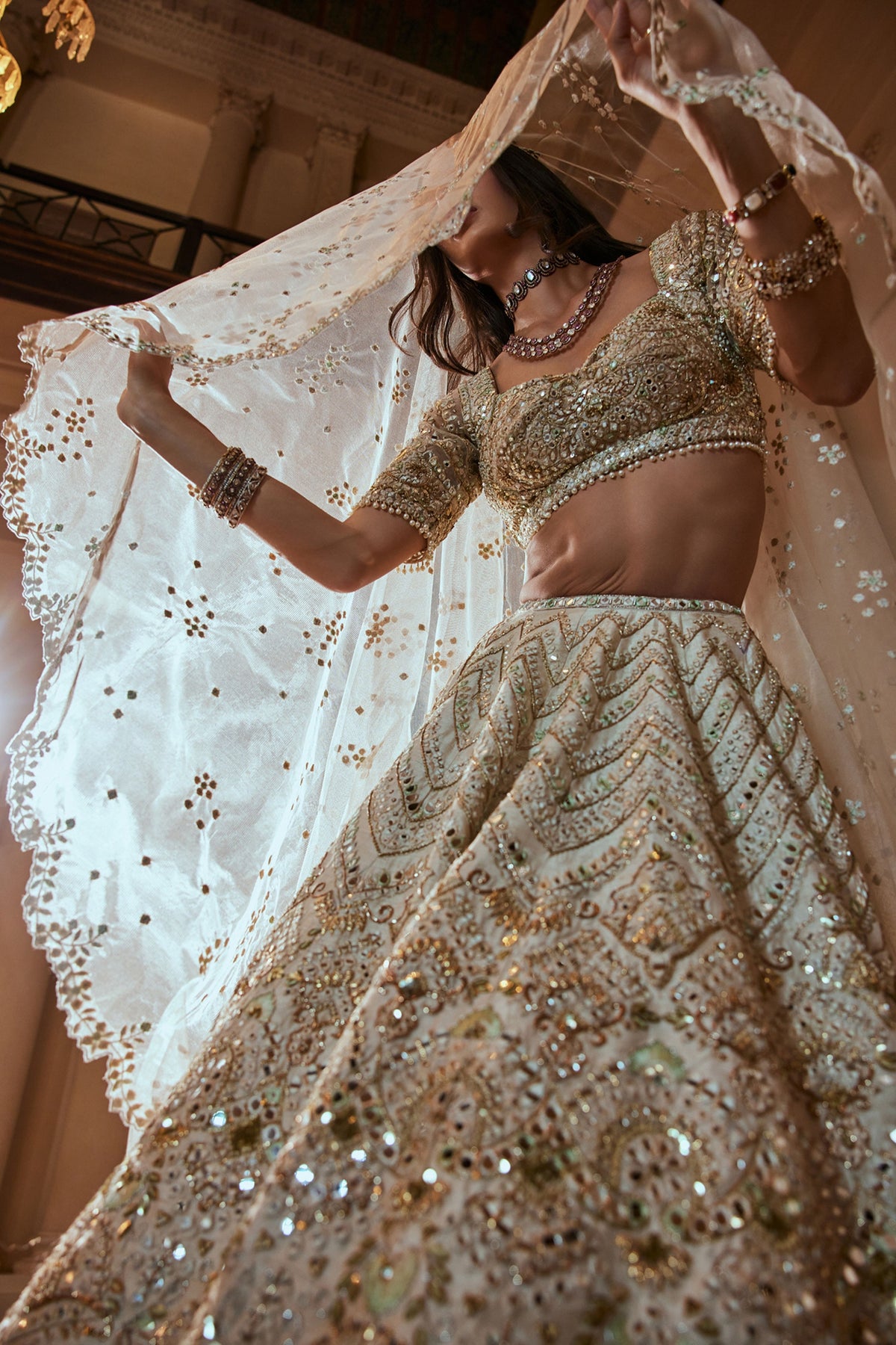 Cream Lehenga With Green Highlighting