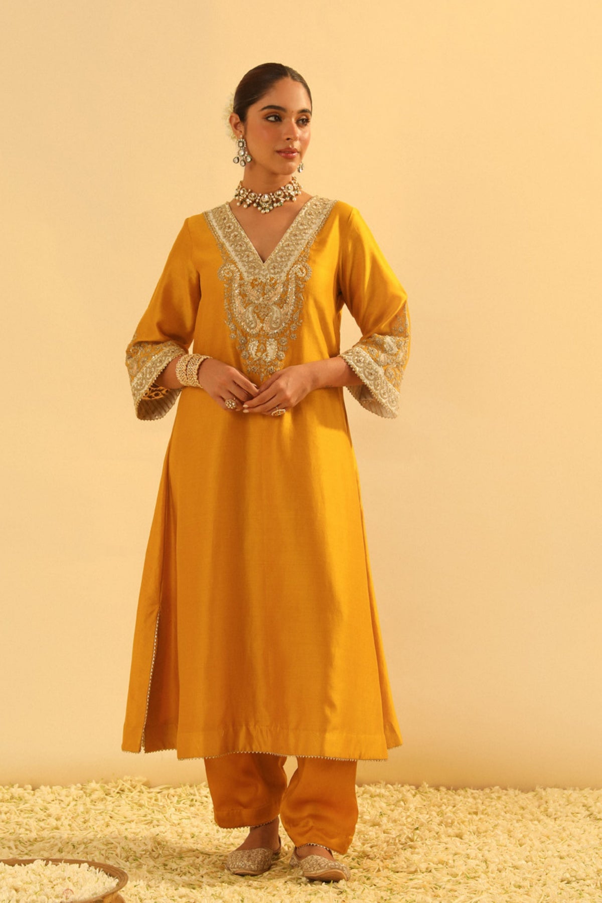 Shazana Mustard Long A-line Choga With Salwar