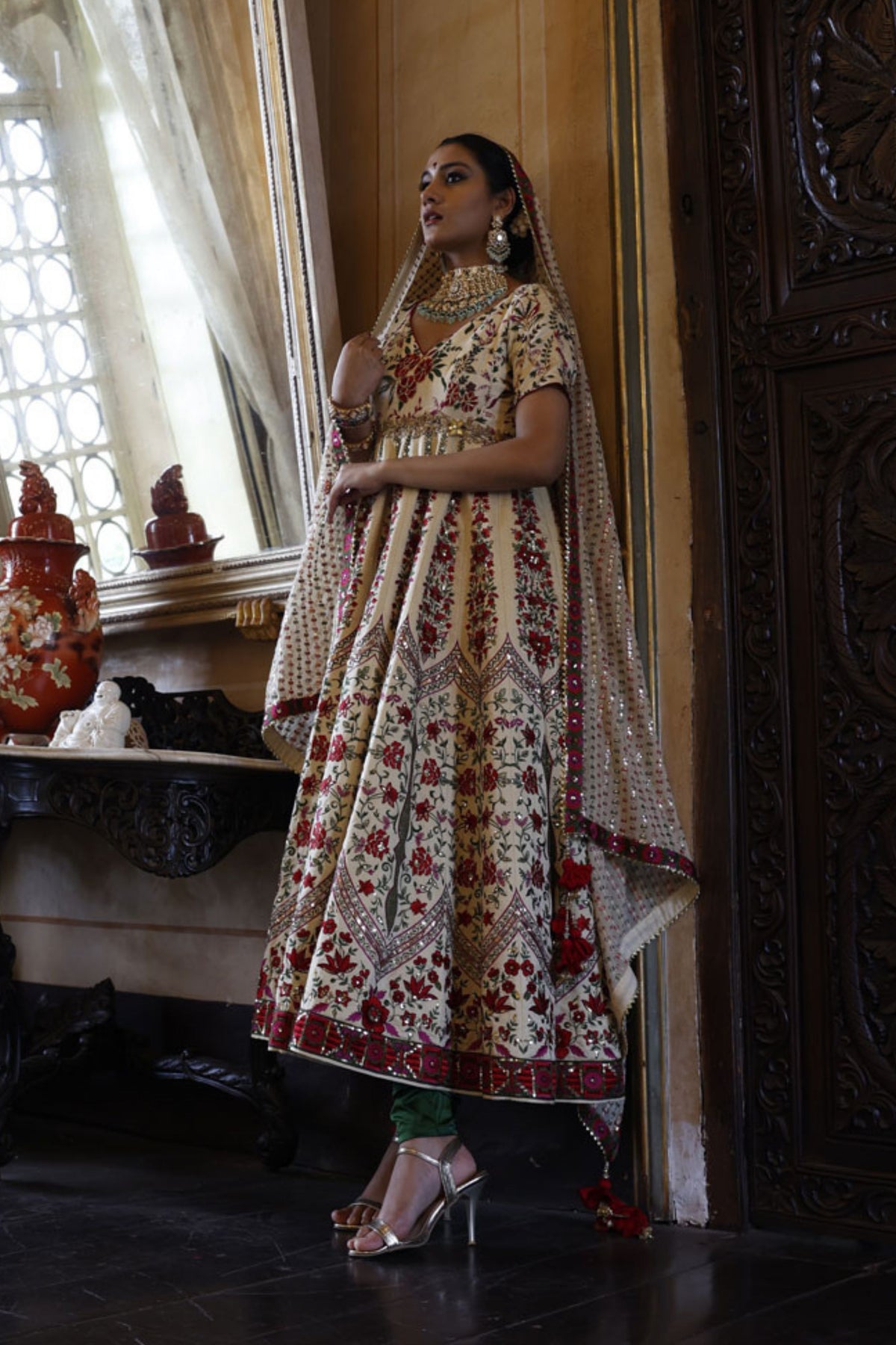 Ivory Kalidaar with Green Churidar and Ivory Dupatta