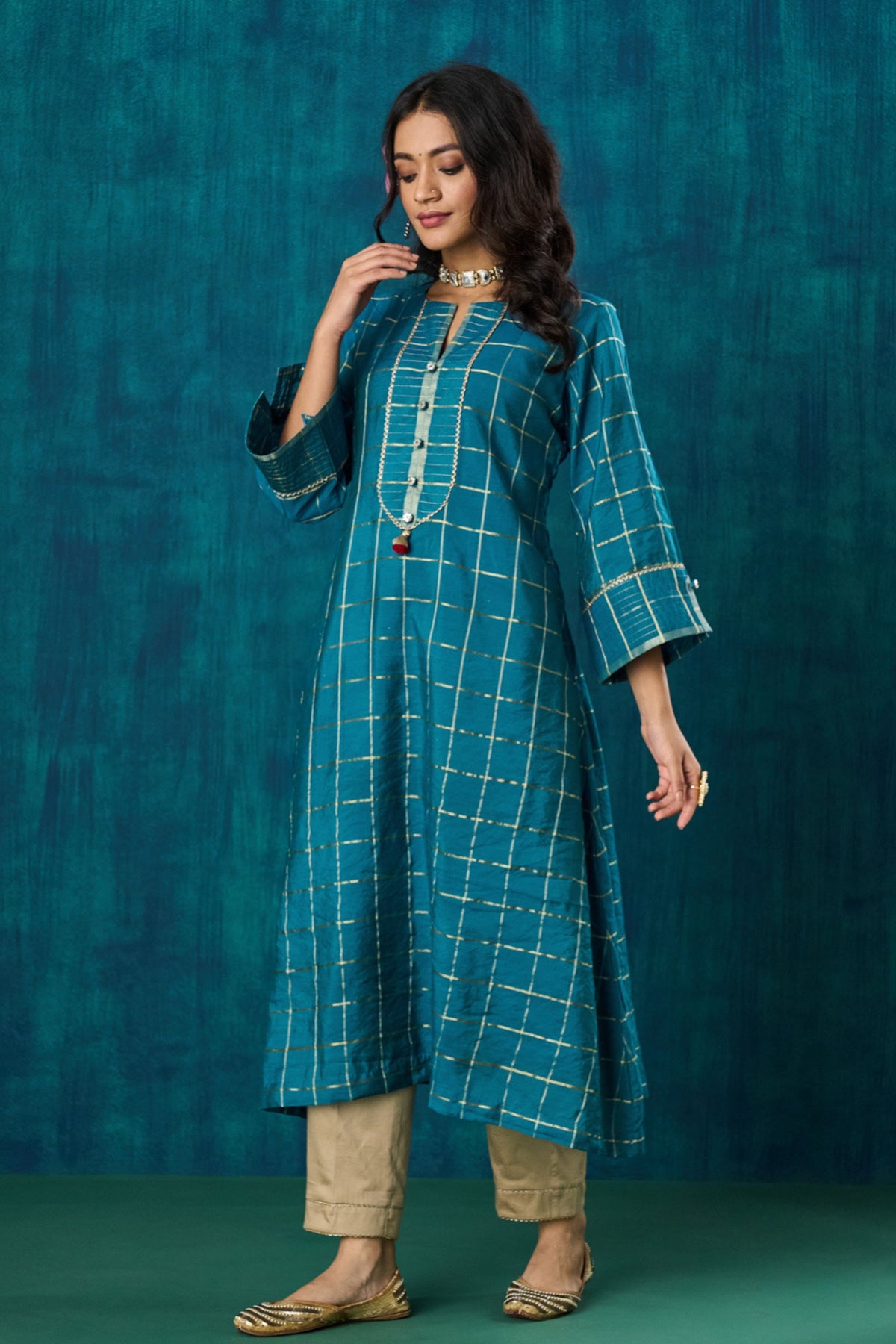 Turquoise Checks Kurta Sets