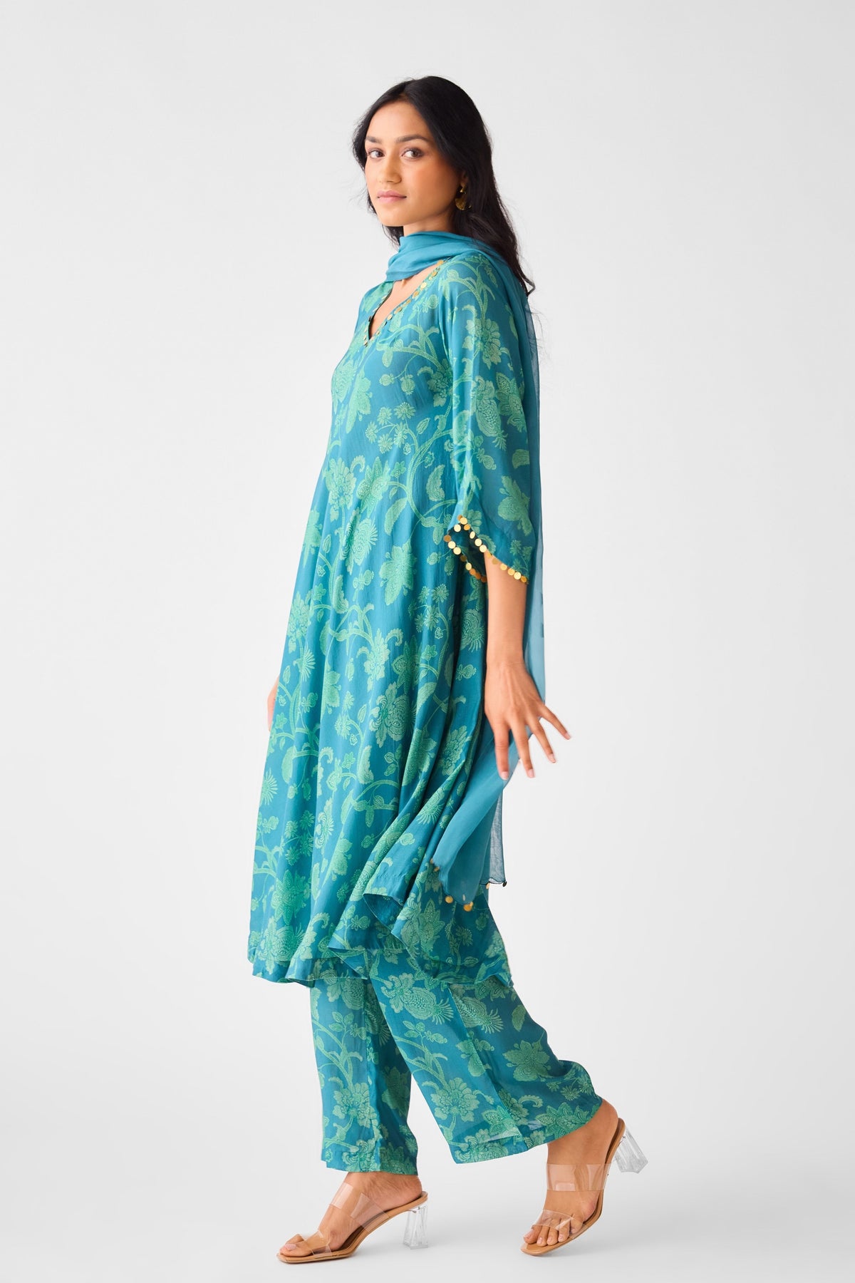 Teal Brass Embellished Kurta Set