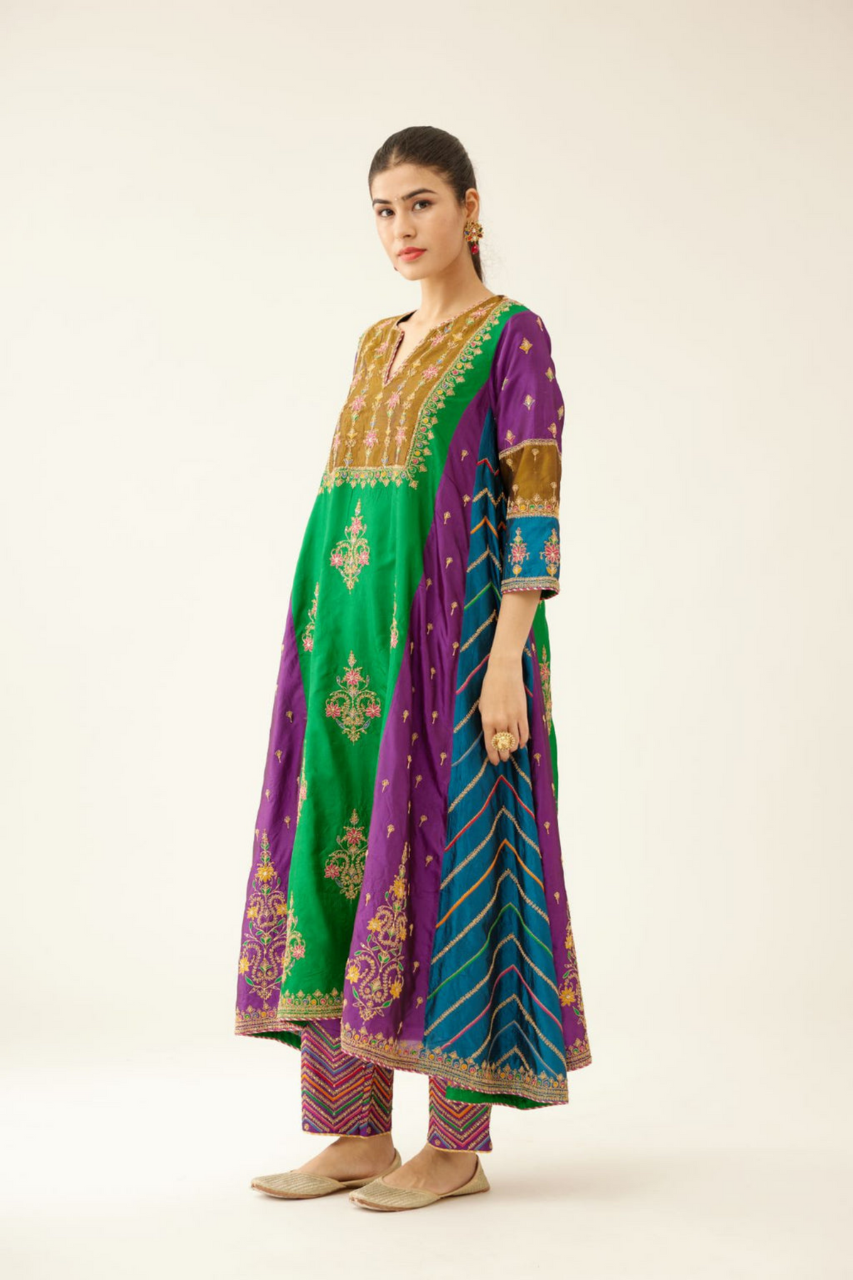 Multi Colored Panelled  Silk Kurta Set