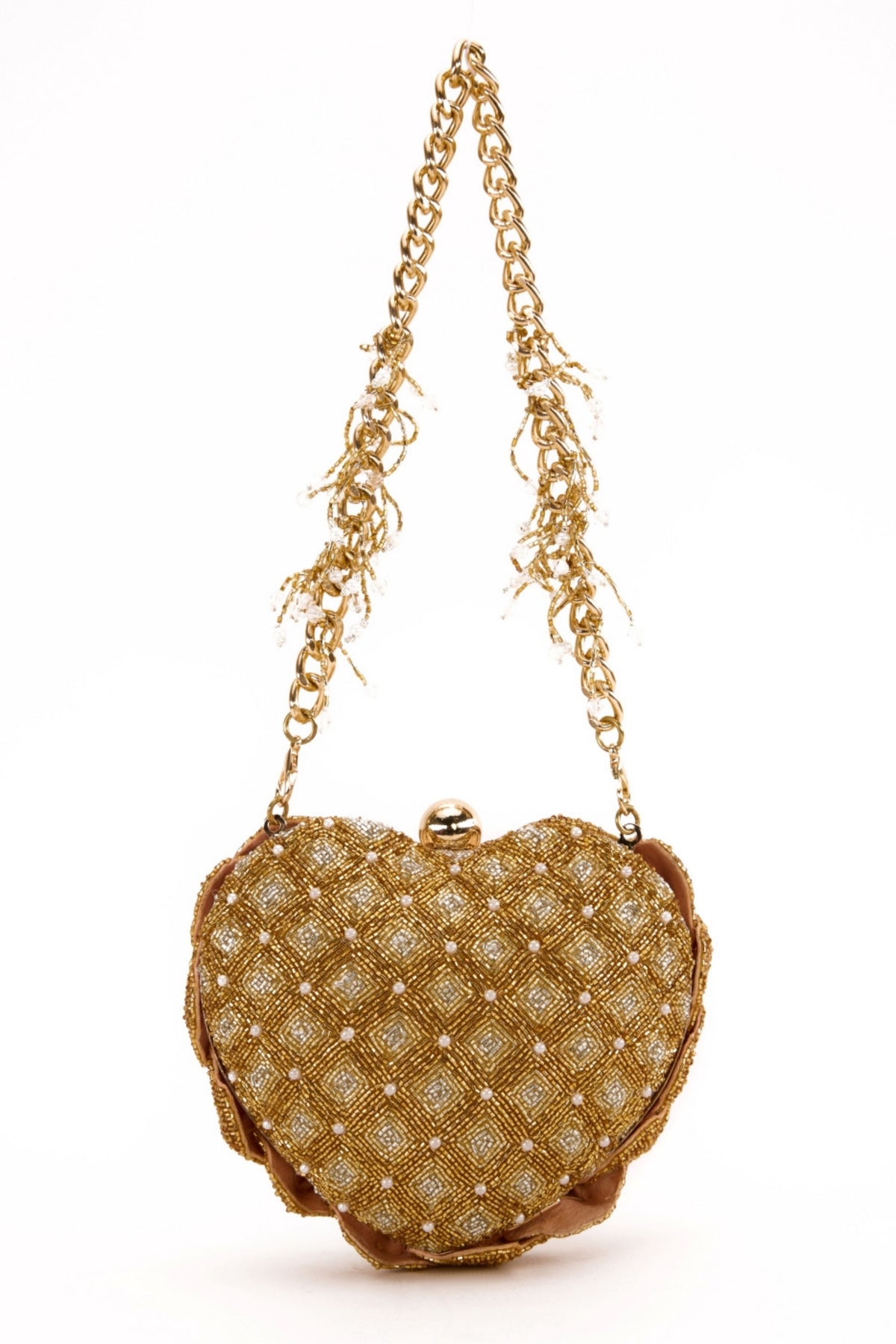 Isa Beaded Heart Clutch – Gold Silver