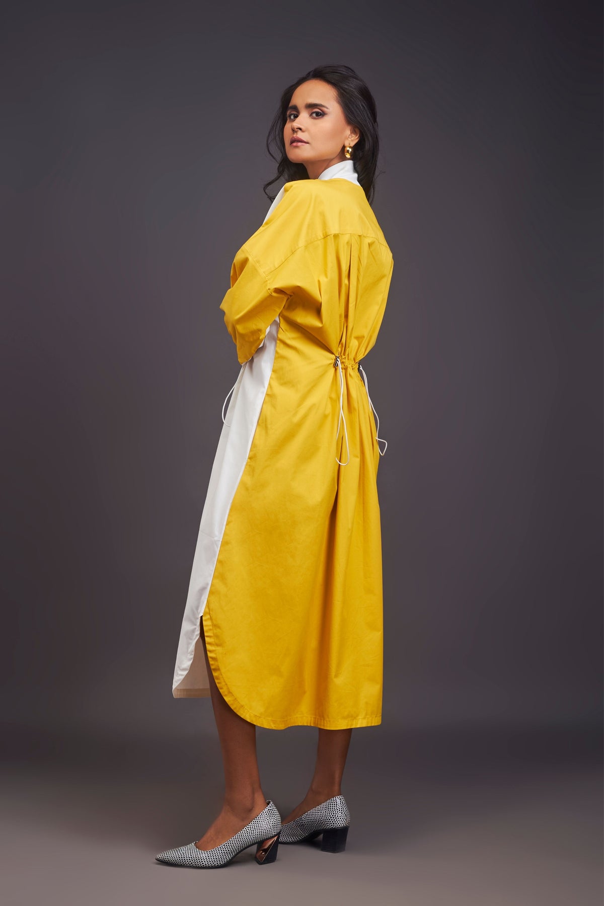 Oversized Ruched White and Yellow Dress