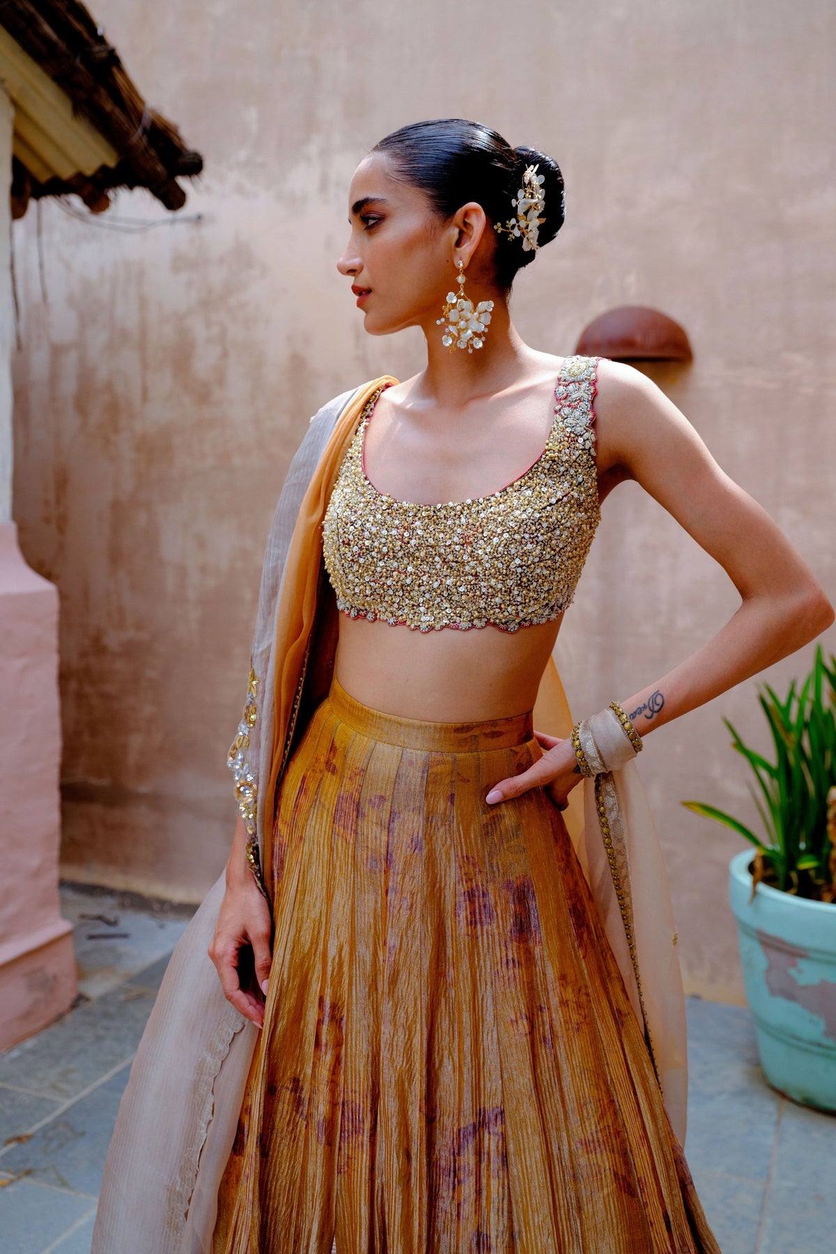 Mustard Silk Tissue Lehenga Set