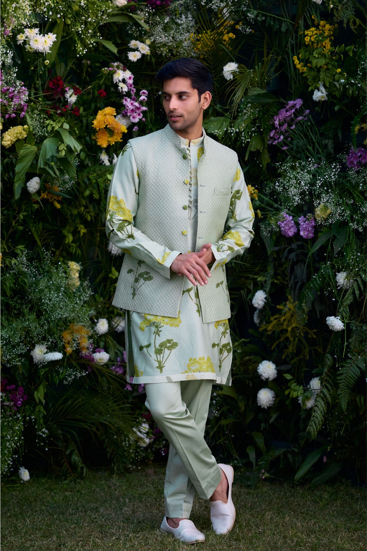 Mist green waist coat with kurta Set