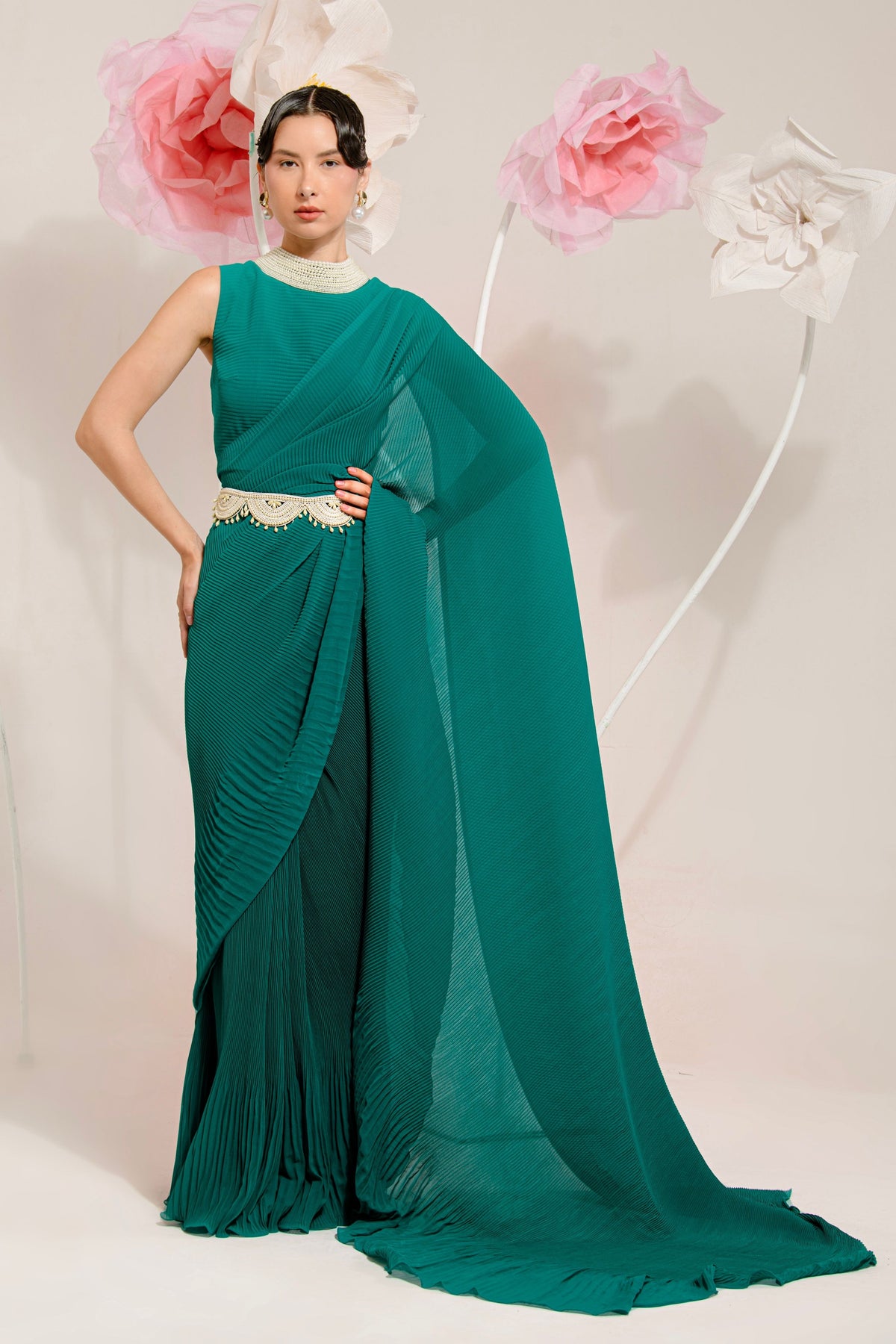 Pre-draped Teal Green Saree