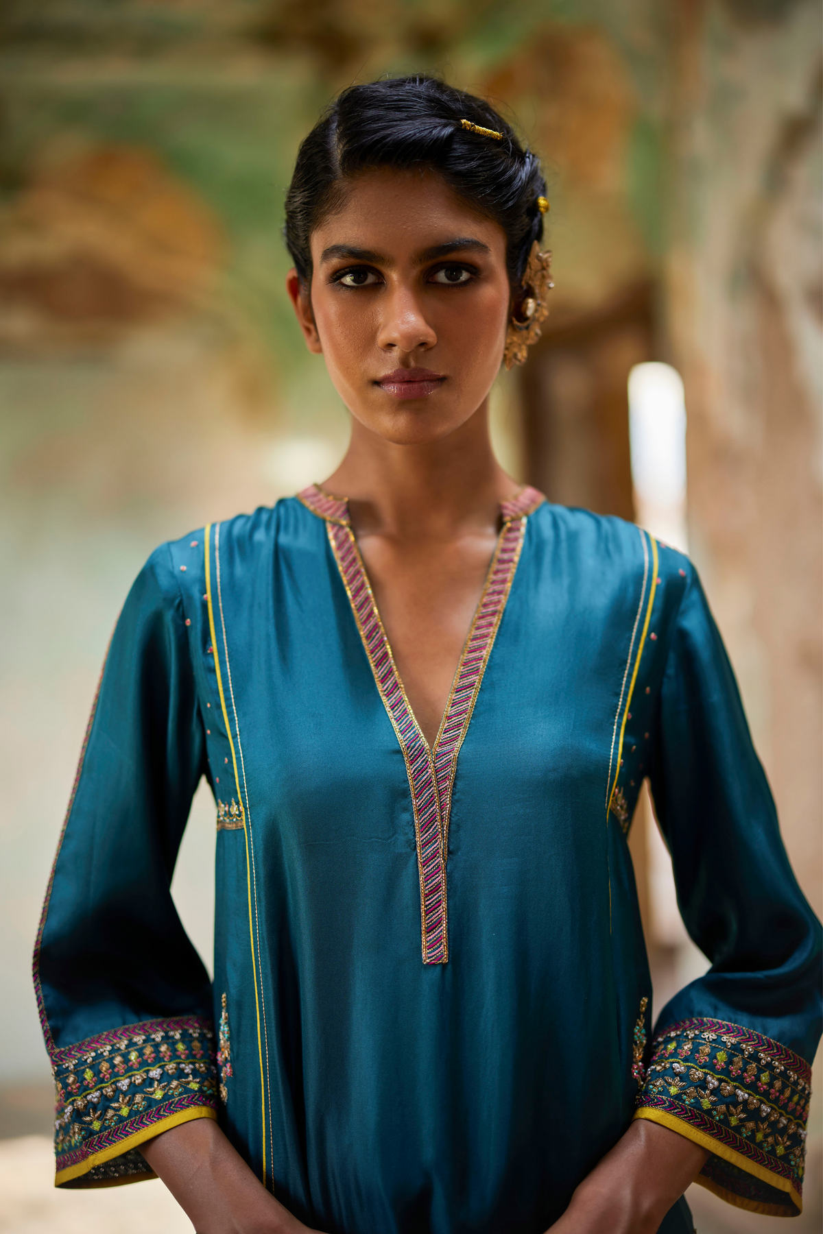 Nadira Teal Silk Kurta Set